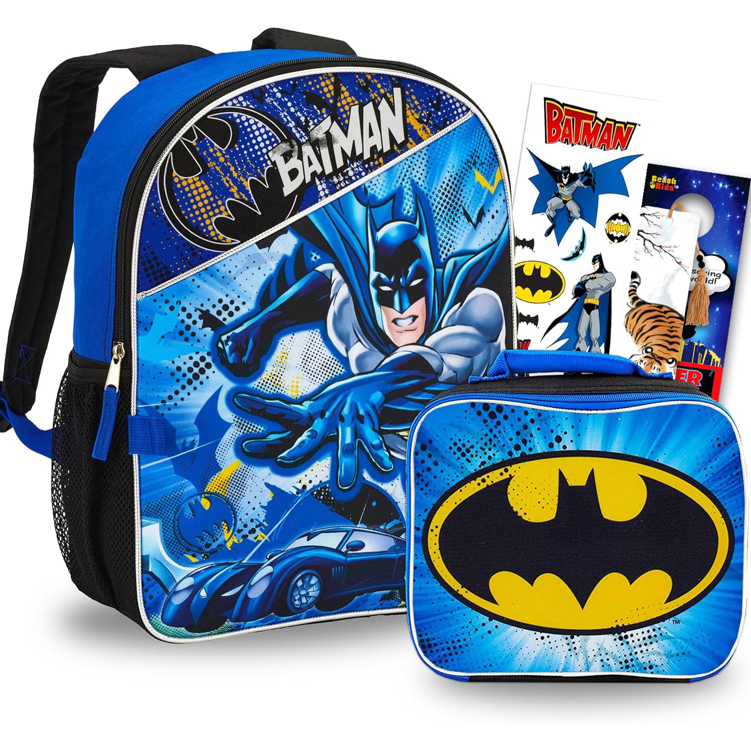 BATMAN DC Comics Backpack with Lunch Bag Set for Boys Kids ~ Deluxe 16" Backpack with Insulated Lunch Box. Stickers, and More ( School Supplies Bundle)