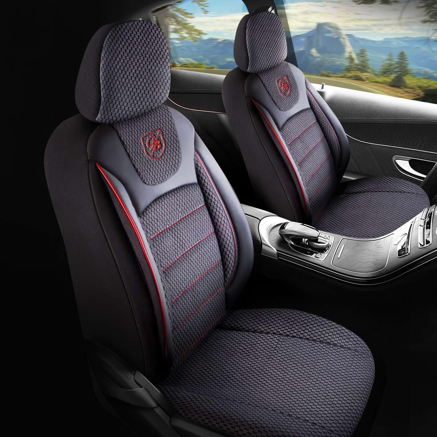 Coprisedili universali per auto e SUV - Coprisedili anteriori premium per auto realizzati in tessuto intrecciato, Nero/Rosso, Coprisedile compatibile con airbag, Coprisedile per auto
