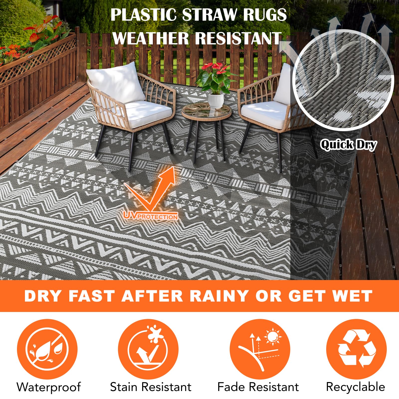 Outdoor Rug 8x10 Patio Waterproof,Outdoor Carpet for Patio,Outdoor Plastic Straw Rug Tightly Woven Boho Striped Outside Mat for Backyard,Picnic,Balcony,Stain Resistant,Reversible Dark Gray Camping Rug