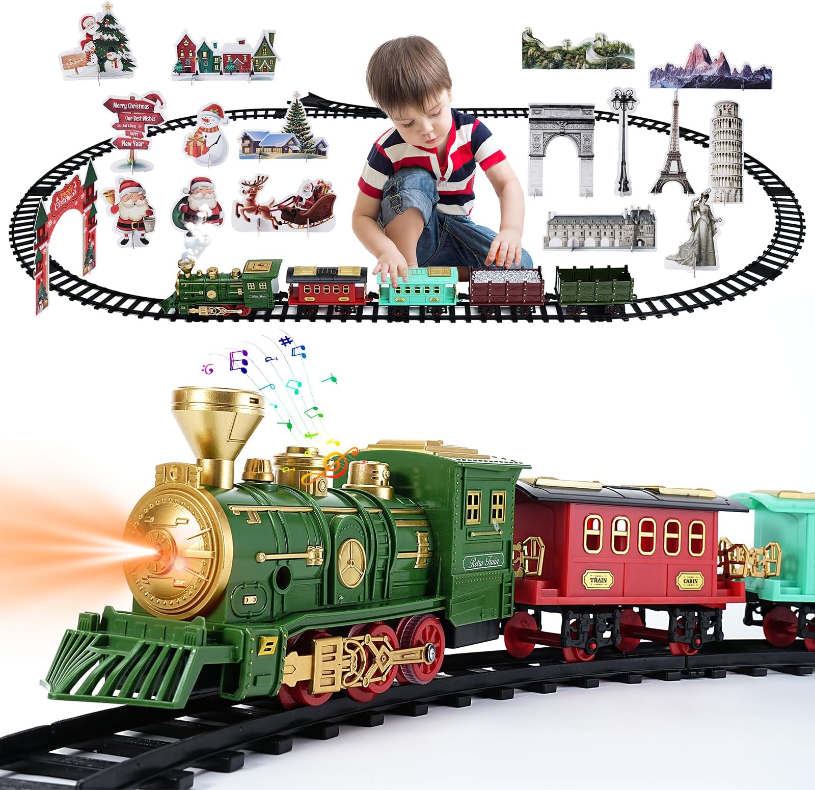 Geegear Christmas Train Set for Under Tree, Large Christmas Train Set 470cm Track Electric Train Toy Sets with Sounds Steam for Kids Christmas Tree Train Set Christmas Birthday Gifts for Kids