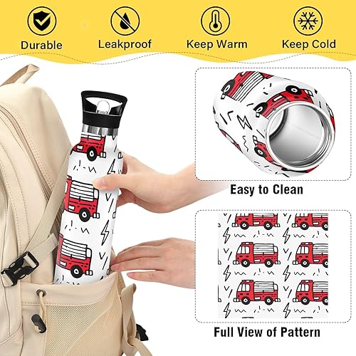 Miniatura 4 de Kids Water Bottle with Straw for School 20 Oz, Kids Water Bottle Stainless Steel for Travel or School, BPA-Free, Cartoon Fire Trucks