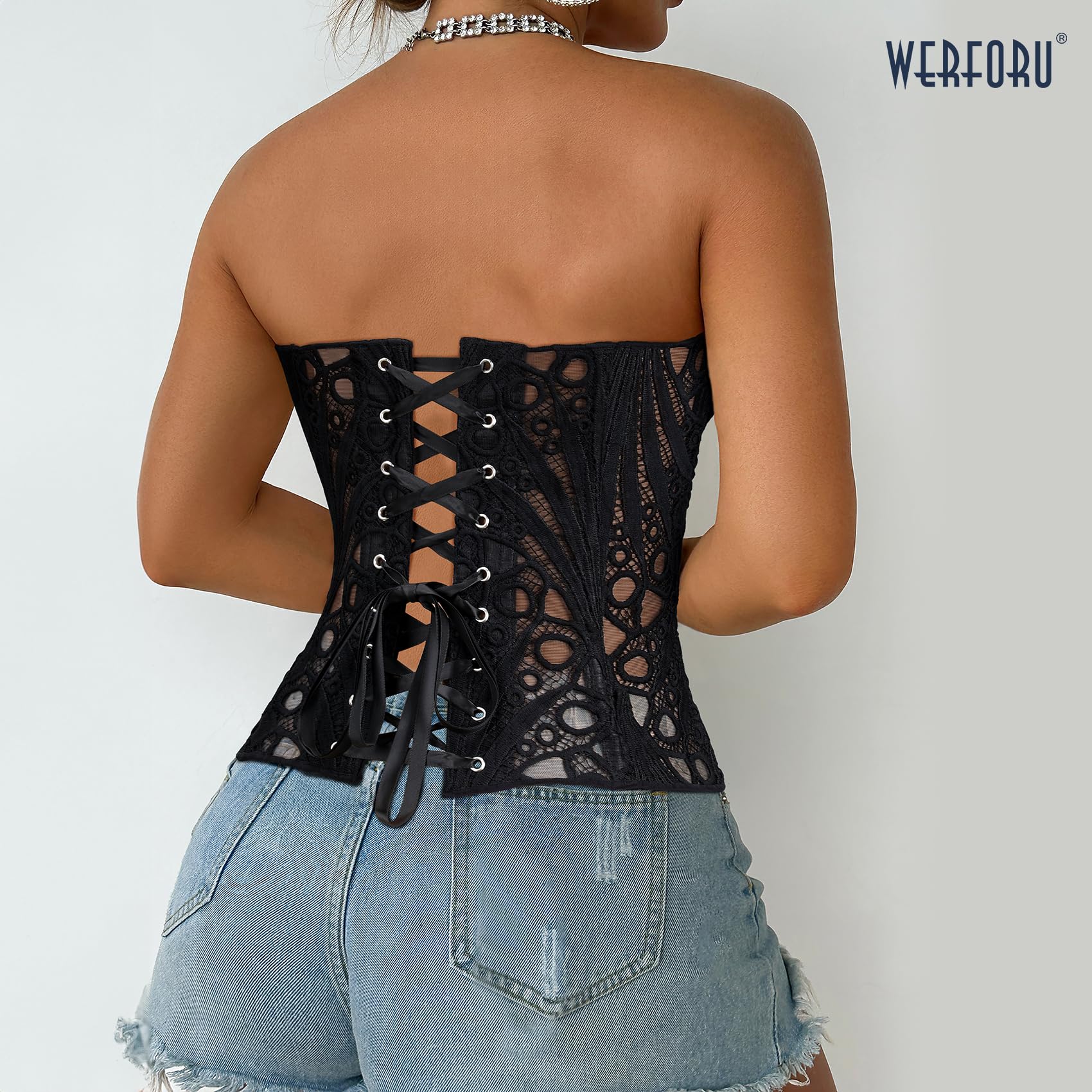 WERFORU Corset Bustier en Dentelle pour Femme Bustier Top Sexy en Florale Transparente et Texturée Corset à Lacets