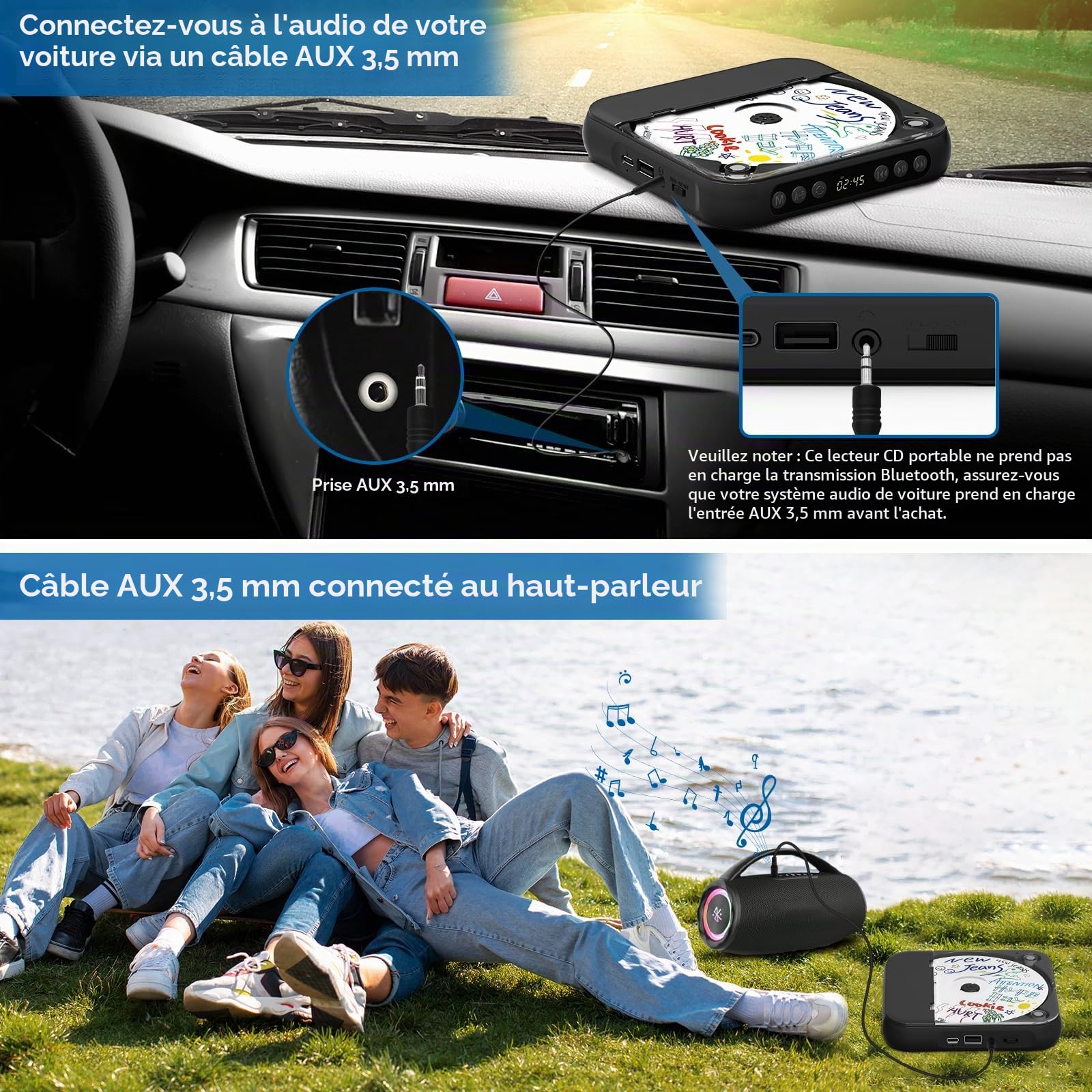 Lecteur CD portable avec Bluetooth, petit lecteur CD rechargeable, haut-parleurs HiFi intégrés, lecteur CD Walkman avec écouteurs, écran LCD, prise en charge CD/AUX/USB/répétition, noir