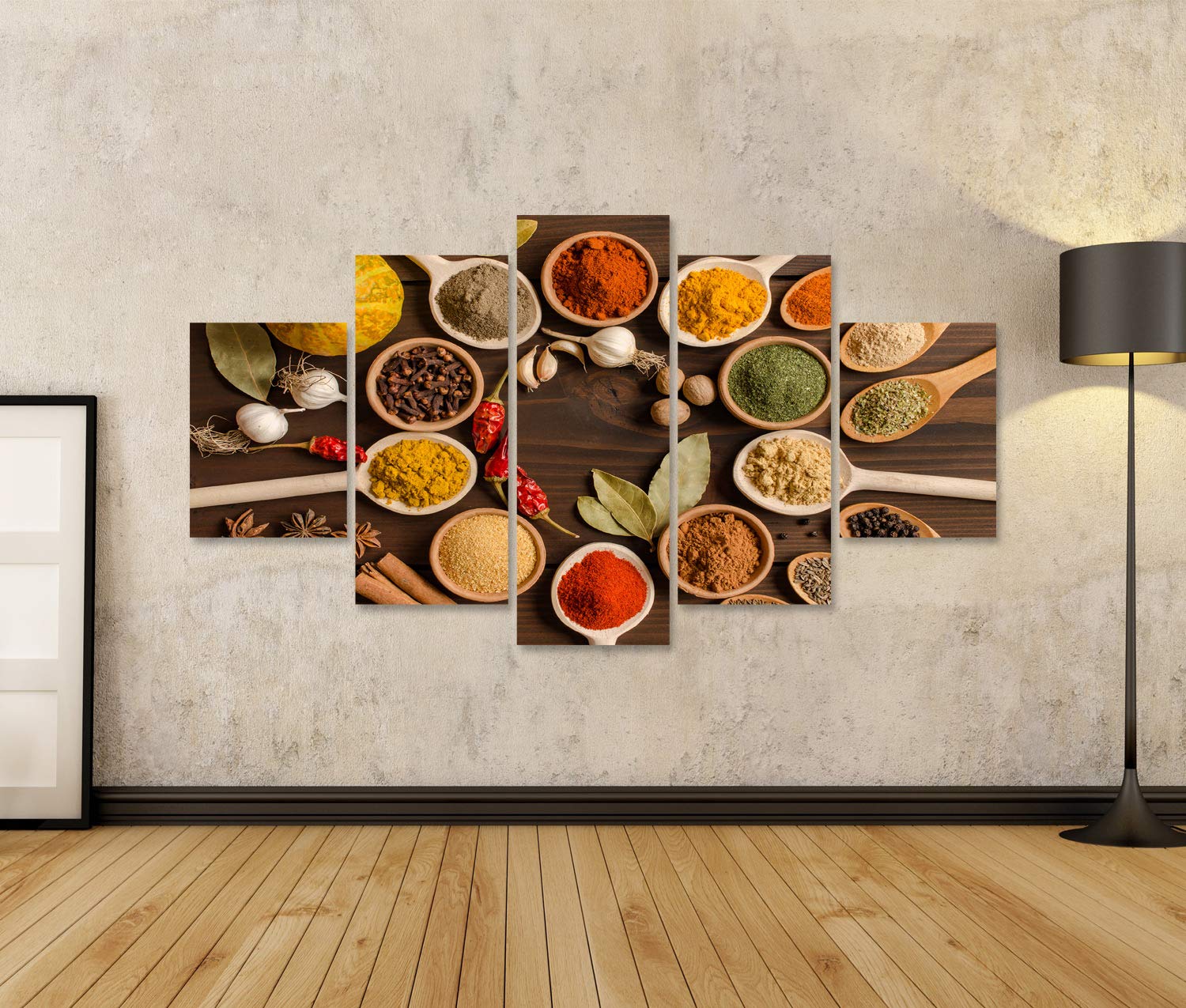 islandburner Bild auf Leinwand Set Indische Gewürze Holztisch Horizontal Bilder Wandbilder Poster