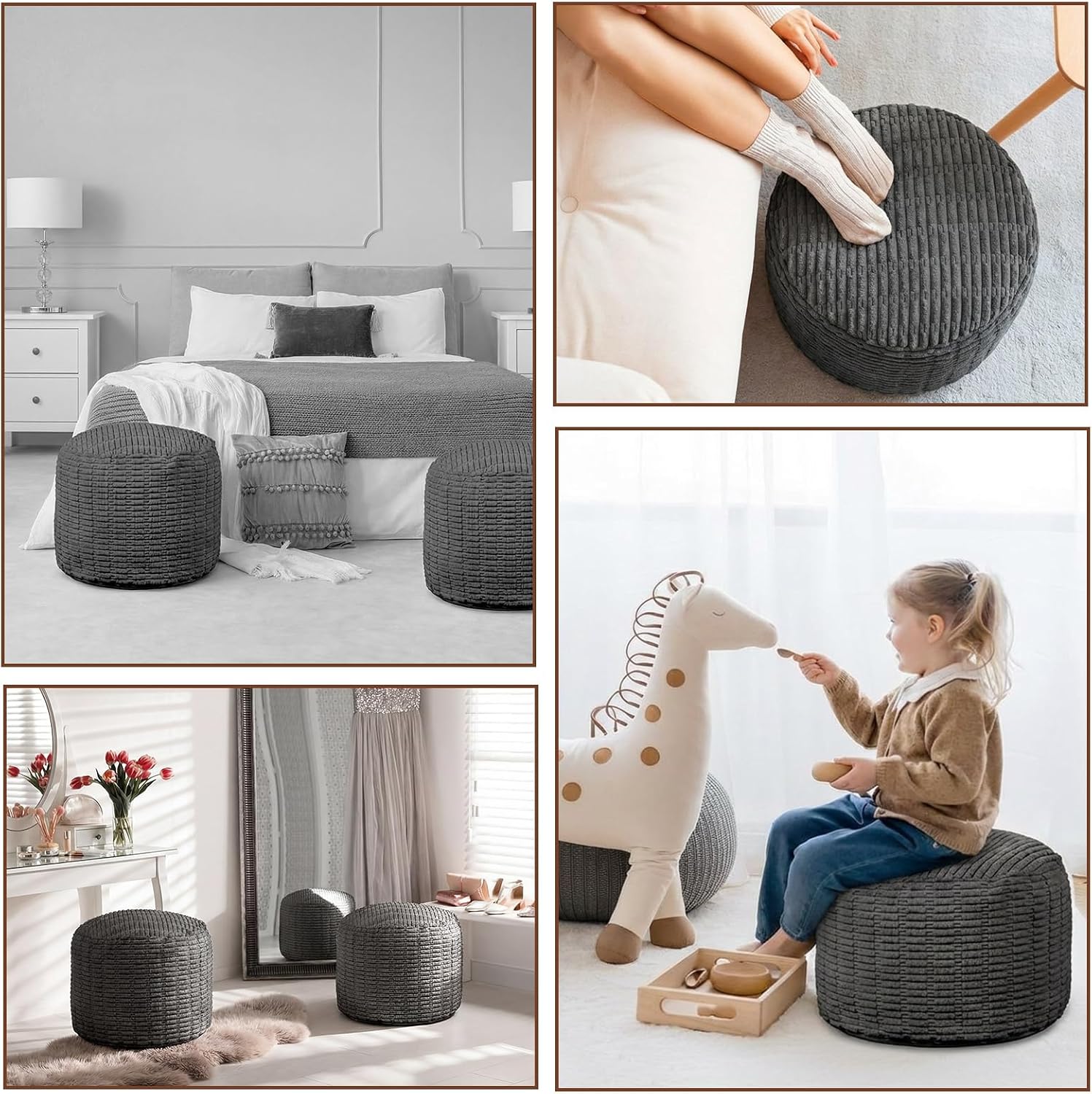 HunnmingRe 2 Pcs 20 x 15 Inch Unstuffed Ottoman Pouf Cover Corduroy Foot Rest - No Filler, Striped Foot Stool Floor Bean Bag Floor Chair Storage for Modern Farmhouse Bedroom Home Decor(Gray)