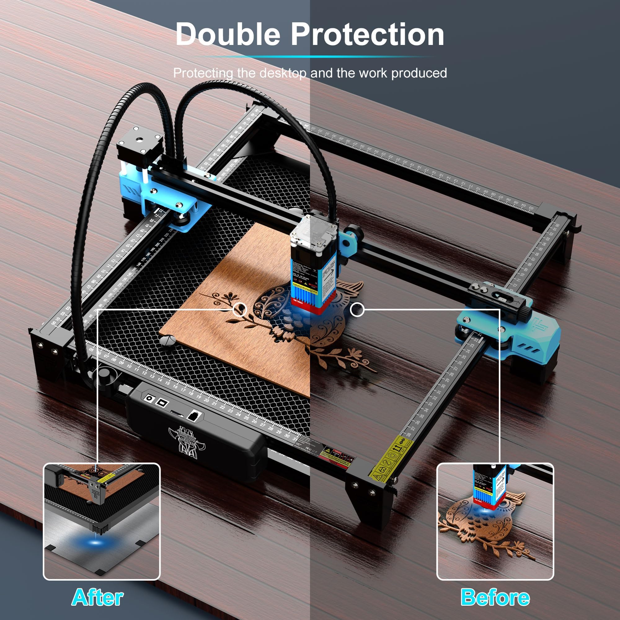 Twotrees TTS-10 PRO 10 W Graveur laser pour bois, cuir, avec plaque en nid d'abeille de 400 mm, tambour rotatif L1, pompe à air 30 l/min, réduit la fumée et la poussière