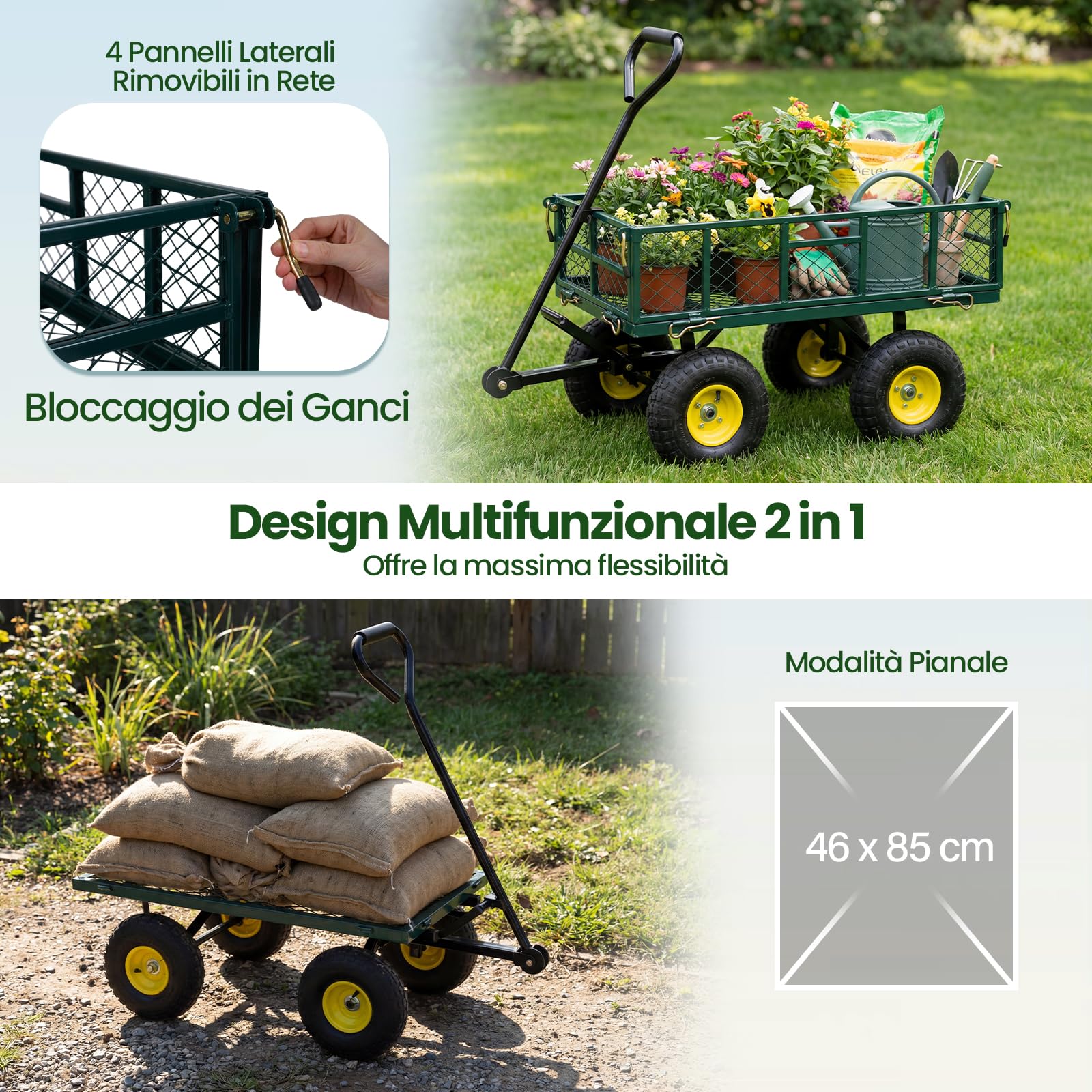 COSTWAY Carrello da Giardino in Metallo, Carretto a Mano con 4 Ruote Pneumatiche, Sponde Rete Rimovibili, Borsa Portaoggetti e Manico Regolabile, Portata 410 kg, per Giardinaggio, Trasporto e Fattoria