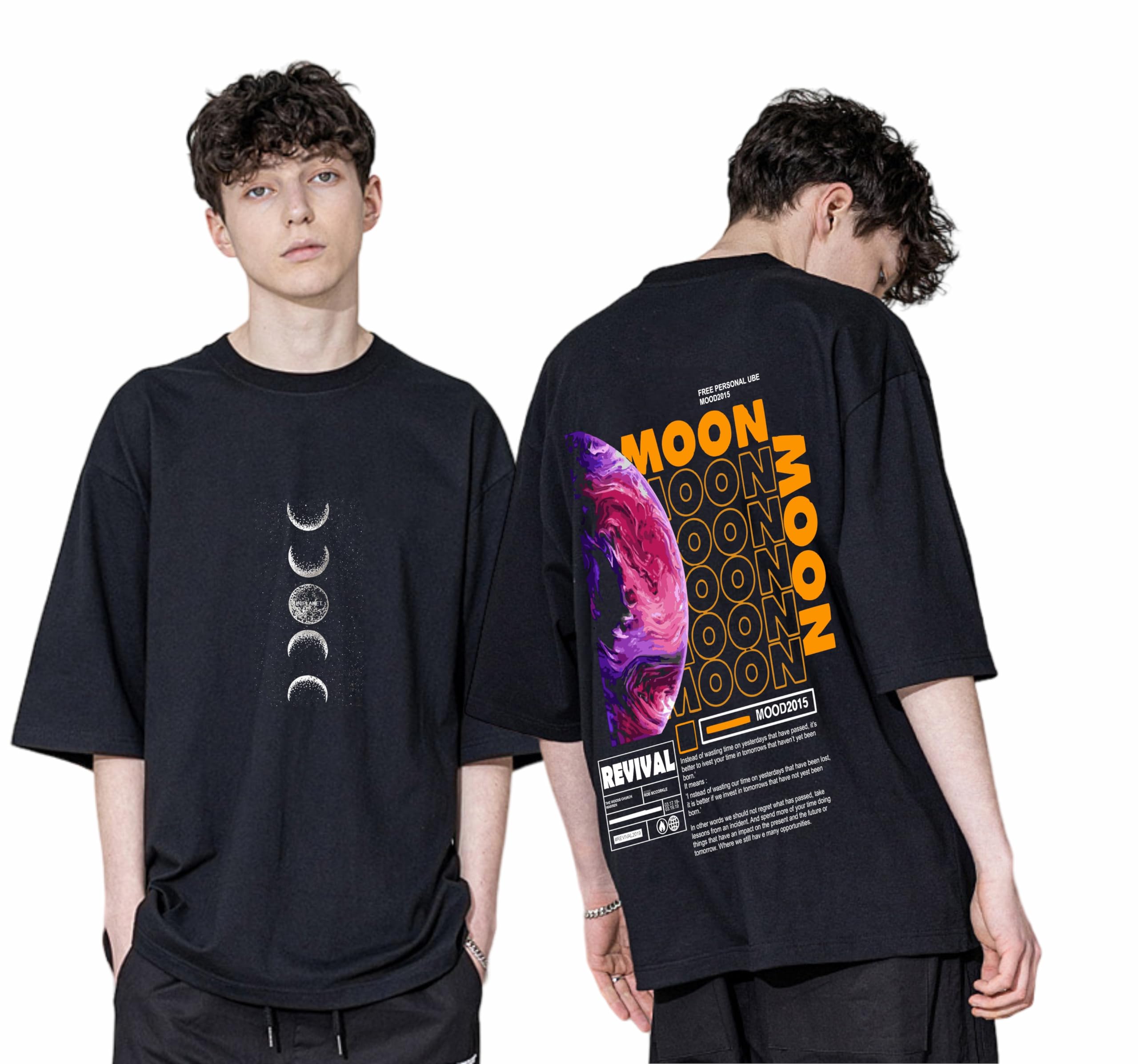 Uniplanet StoreMens Cotton 3/4 Sleeve Moon Ovesized Back Printed Black T-Shirt