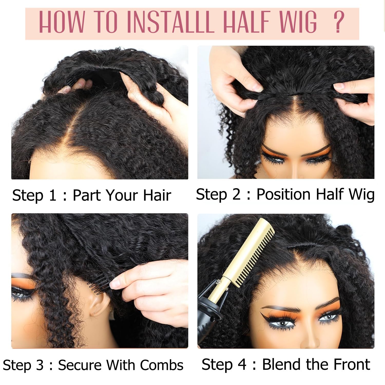 Half Wig Human Hair Curly Wig Human Hair 3/4 head Wigs For Women 180% Density Natural Black 14 Inch Easy to install - Image 3