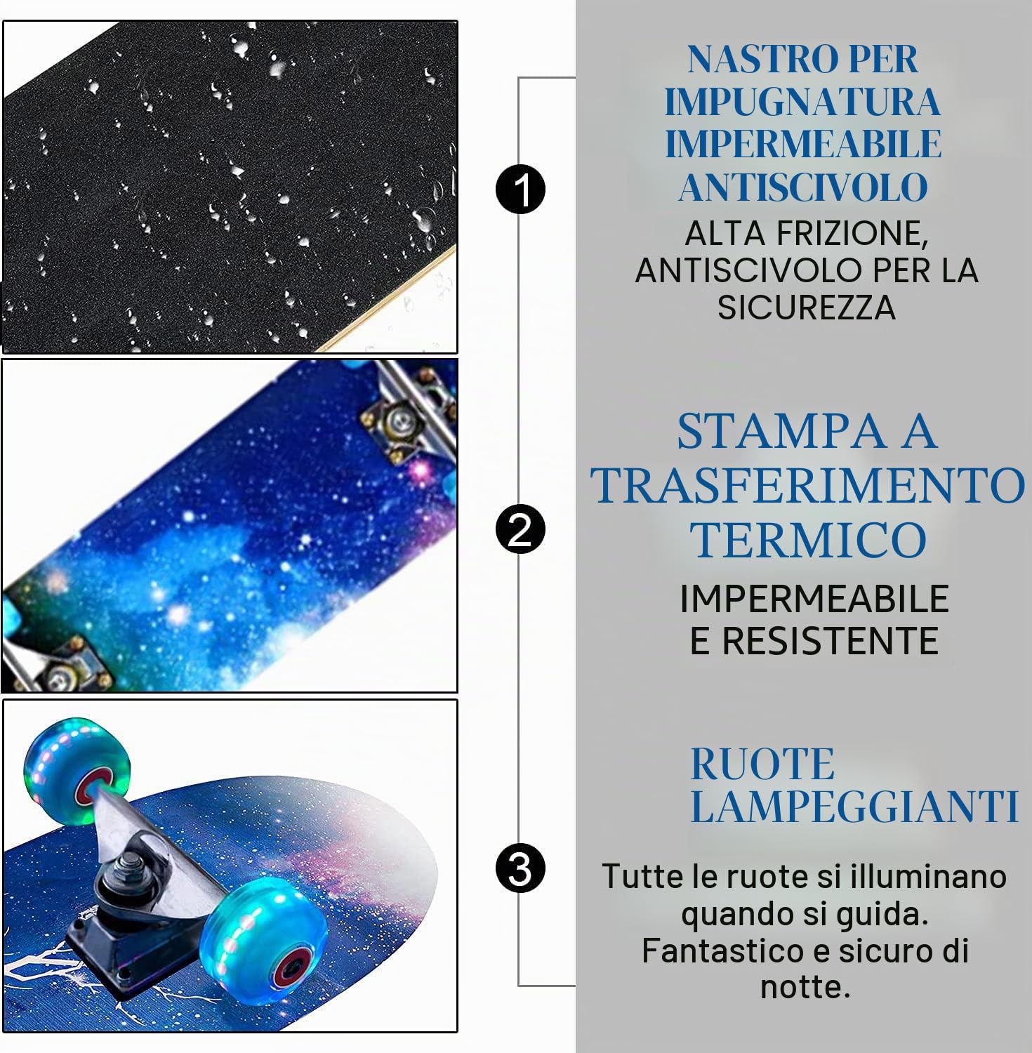 Skateboard completo, 78,7 x 20,3 cm, 9 strati in legno di acero canadese con ruote lampeggianti colorate, per bambini, ragazzi e adulti (blu)