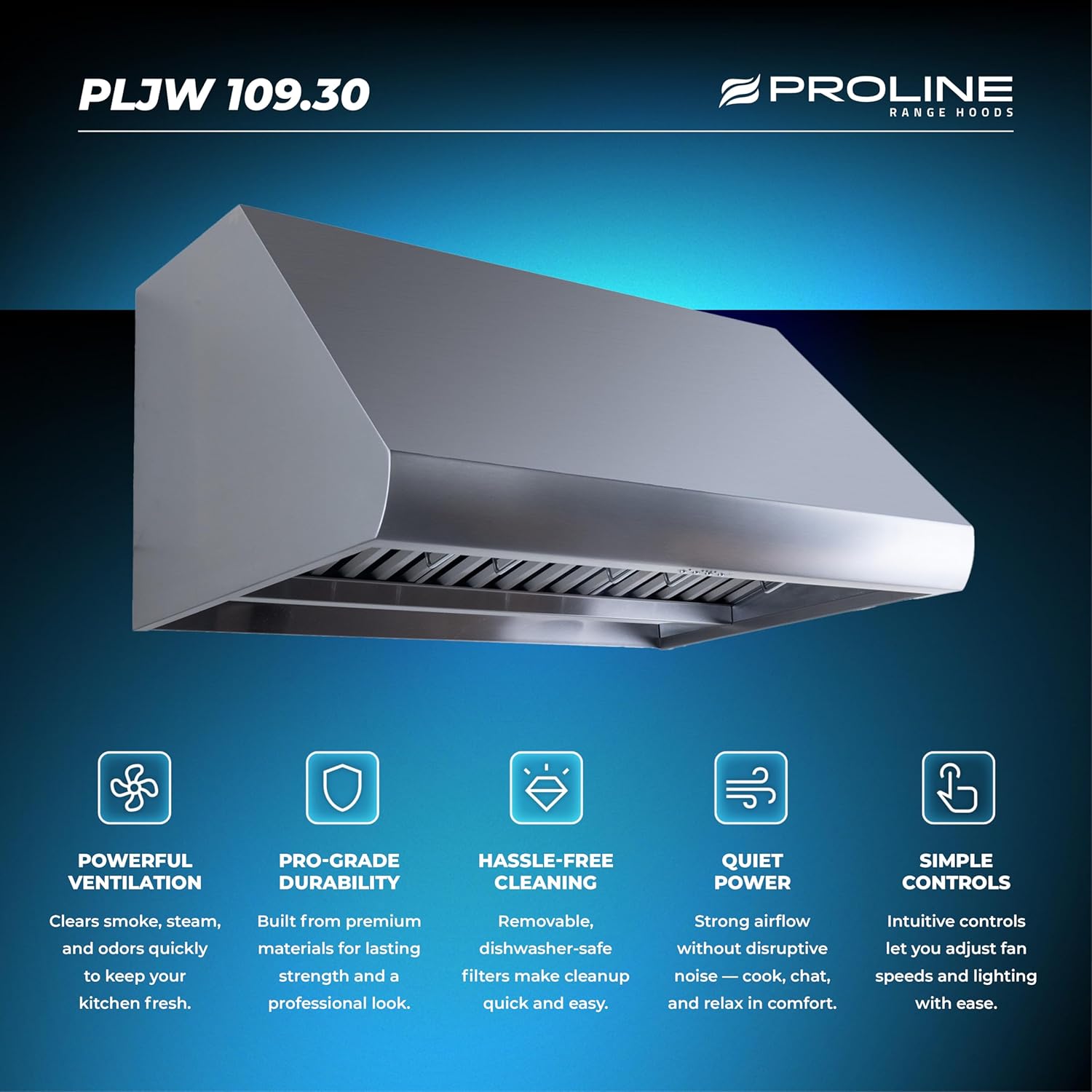 PROLINE 30-Inch Wall/Under Cabinet Range Hood, Ducted, 1000 CFM, Stainless Steel, LED Lights, ULTRA-QUIET Blower Motor, 4 Speed, 3-Year Warranty, PLJW 109.30, Kitchen Hood