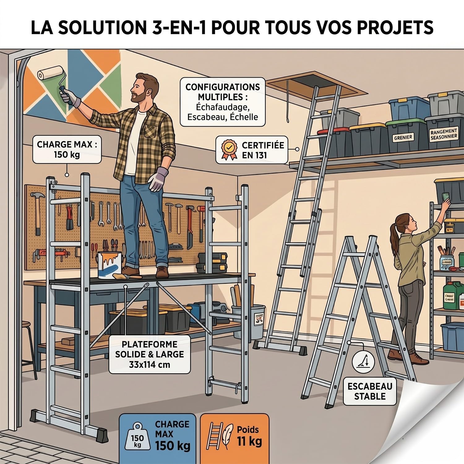 High Échelle 2 Plans Aluminium 3-en-1 escabeau échafaudage 7 marches