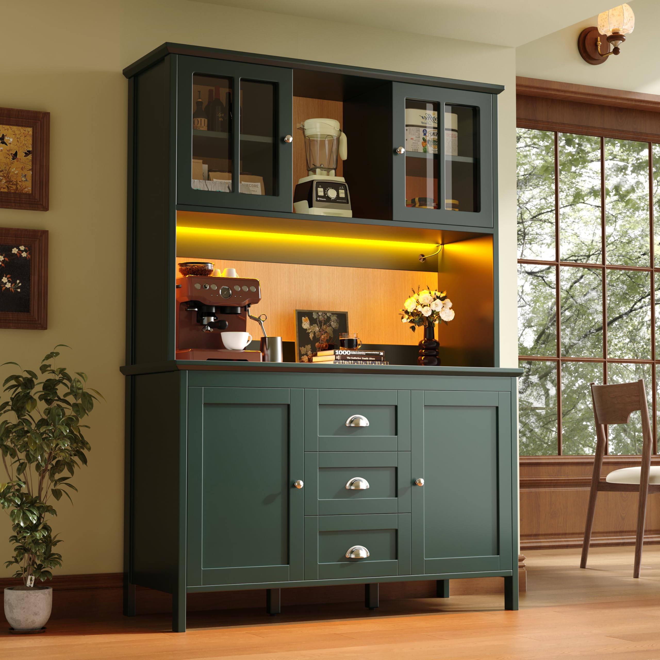 Küchenschrank mit LED-Beleuchtung und Verstellbare Füße, Hochschrank mit Schublade und Aufbewahrungsschrank, Buffetschrank mit Braunen Glastüren, Grün-C, 120x40x179 cm