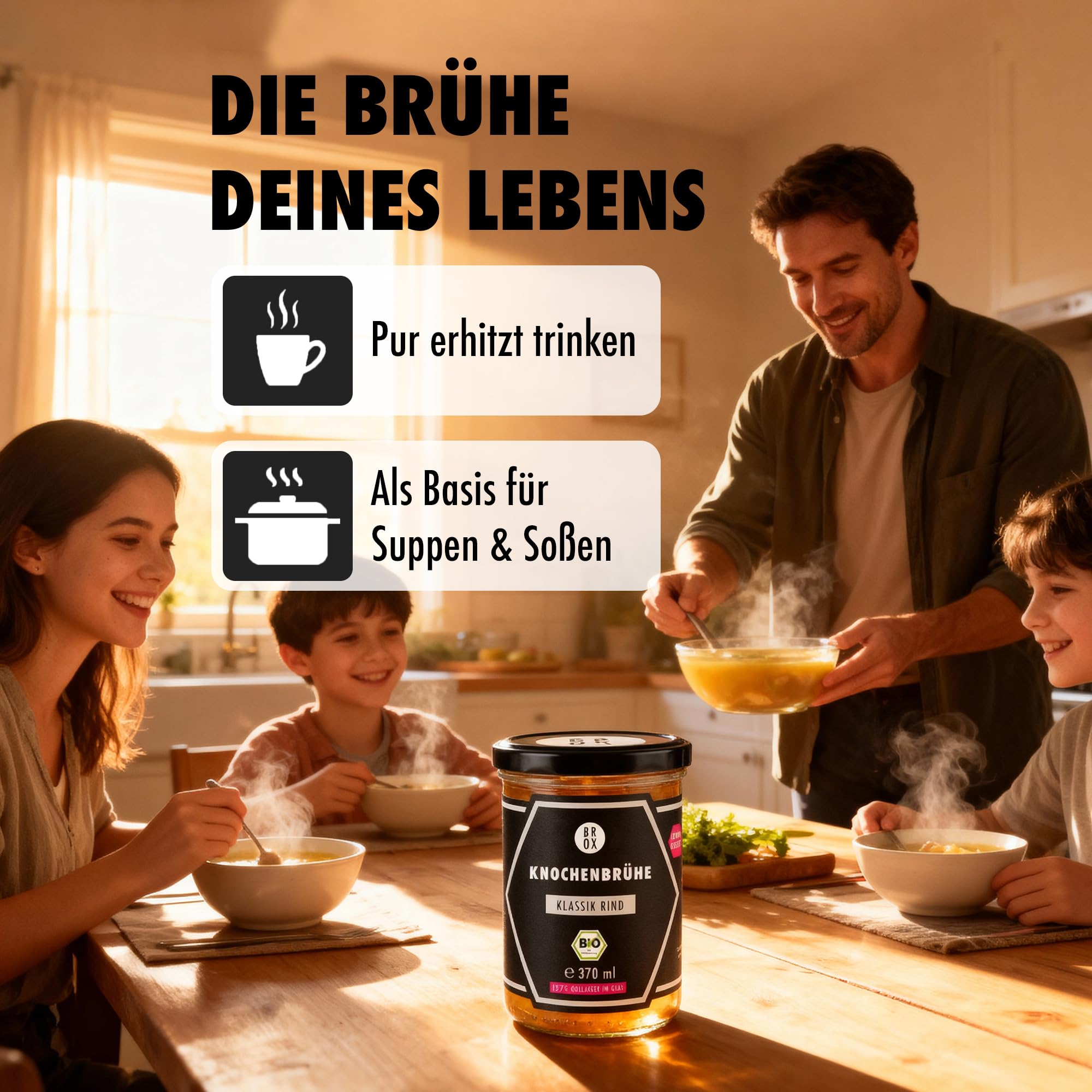 BROX Knochenbrühe Rind Bio 6x370ml – 24 Std. gekocht – Kollagen & Aminosäuren – Rinderbrühe aus Weidehaltung