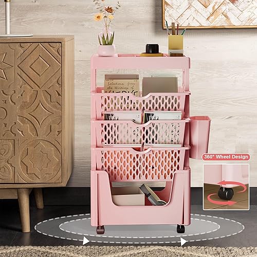 Miniatura 4 de Estantería móvil de 5 niveles con ruedas, carrito para profesores con ruedas, carrito rodante para dormitorio, oficina, sala de estar, aula,