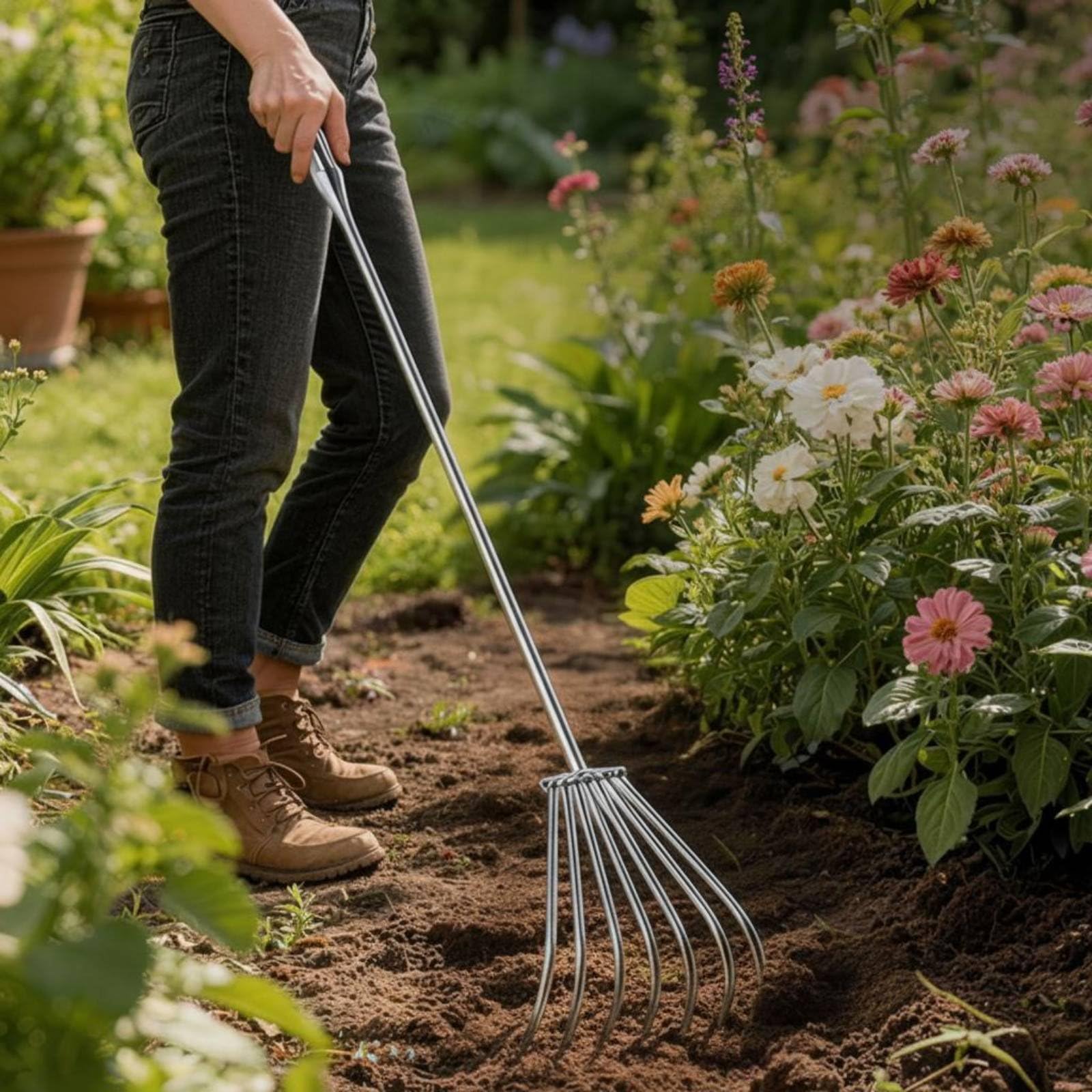 Rastrillo de Púas con Mango Largo Multifuncional Cultivador de Acero Inoxidable Resistente a la Corrosión para Jardineros, Jardín, Terreno de Siembra , 100CM , 7 Dientes
