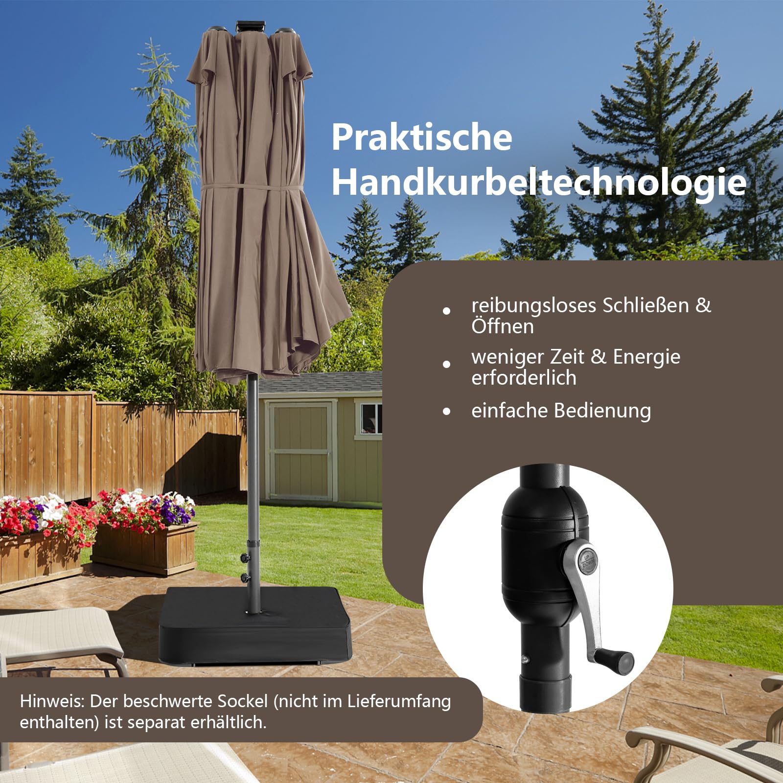 COSTWAY Podwójny parasol przeciwsłoneczny z oświetleniem solarnym LED, 450 x 260 cm, rozmiar XXL, UPF 50+, parasol ogrodowy z korbą, parasol tarasowy, Podstawa parasola nie jest dołączona, (brązowy)