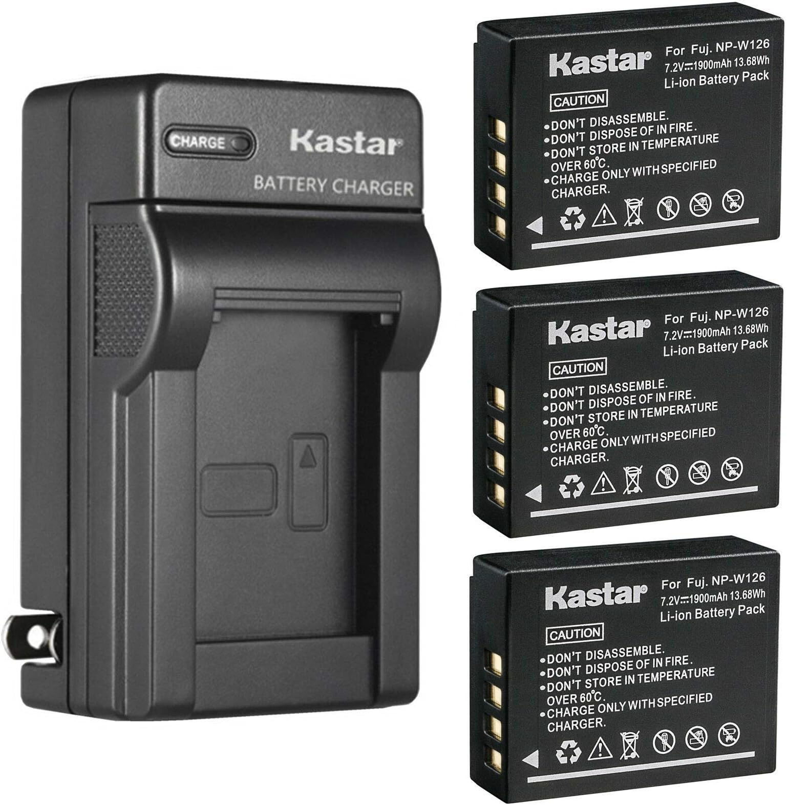 Kastar 3-Pack Battery and AC Wall Charger Replacement for Fujifilm NP-W126, NP-W126s Battery, BC-W126 Charger, Fujifilm X-A1, X-A2, X-A3, X-A5, X-A7, X-A10, X-E1, X-E2, X-E2S, X-E3, X-E4, X-T200