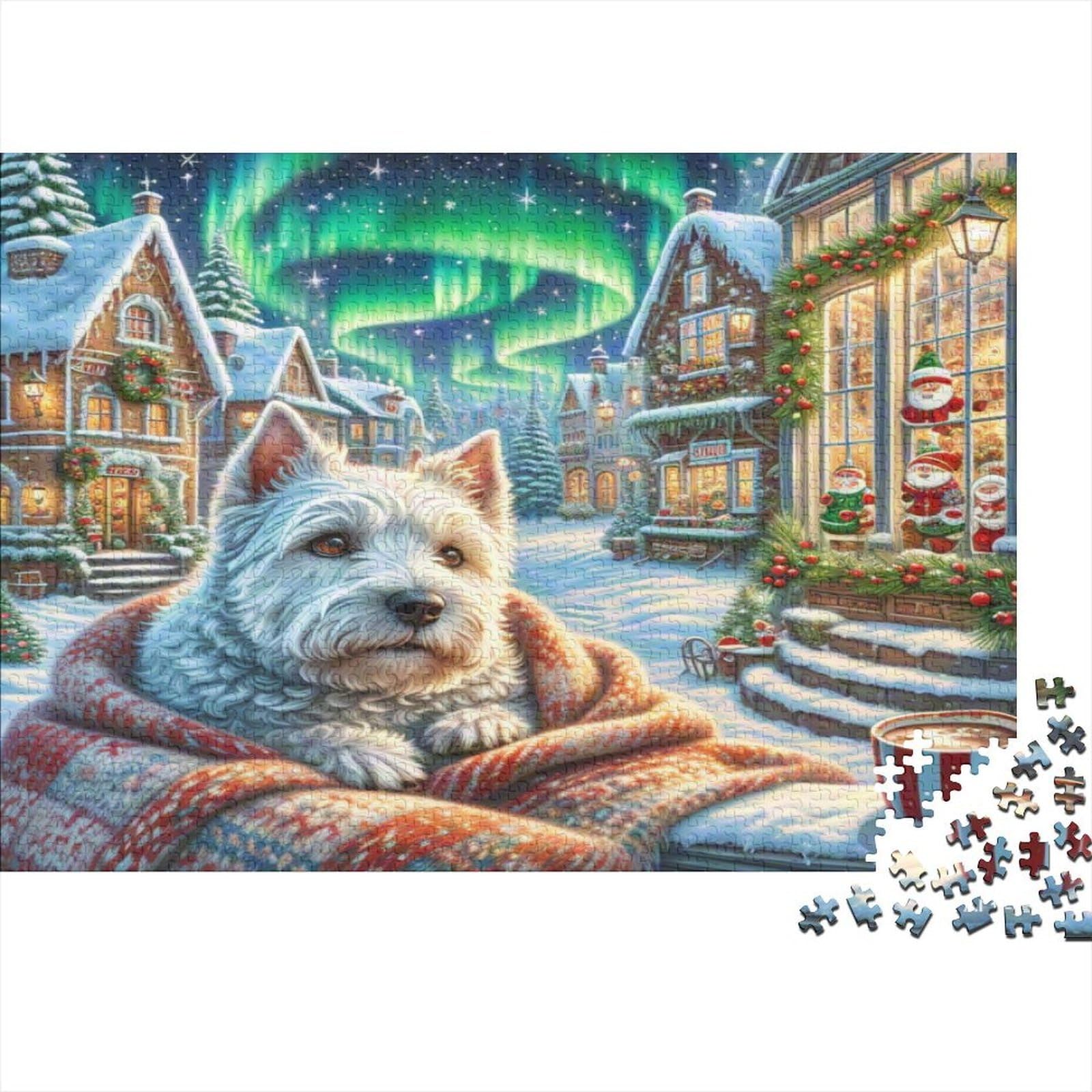White Dog Winter Village Scene 1000 Piece Jigsaw Puzzle Paper for Adults Northern Lights Relaxation Focus Family Home Gift 38x26cm/1000pcs โ image 1