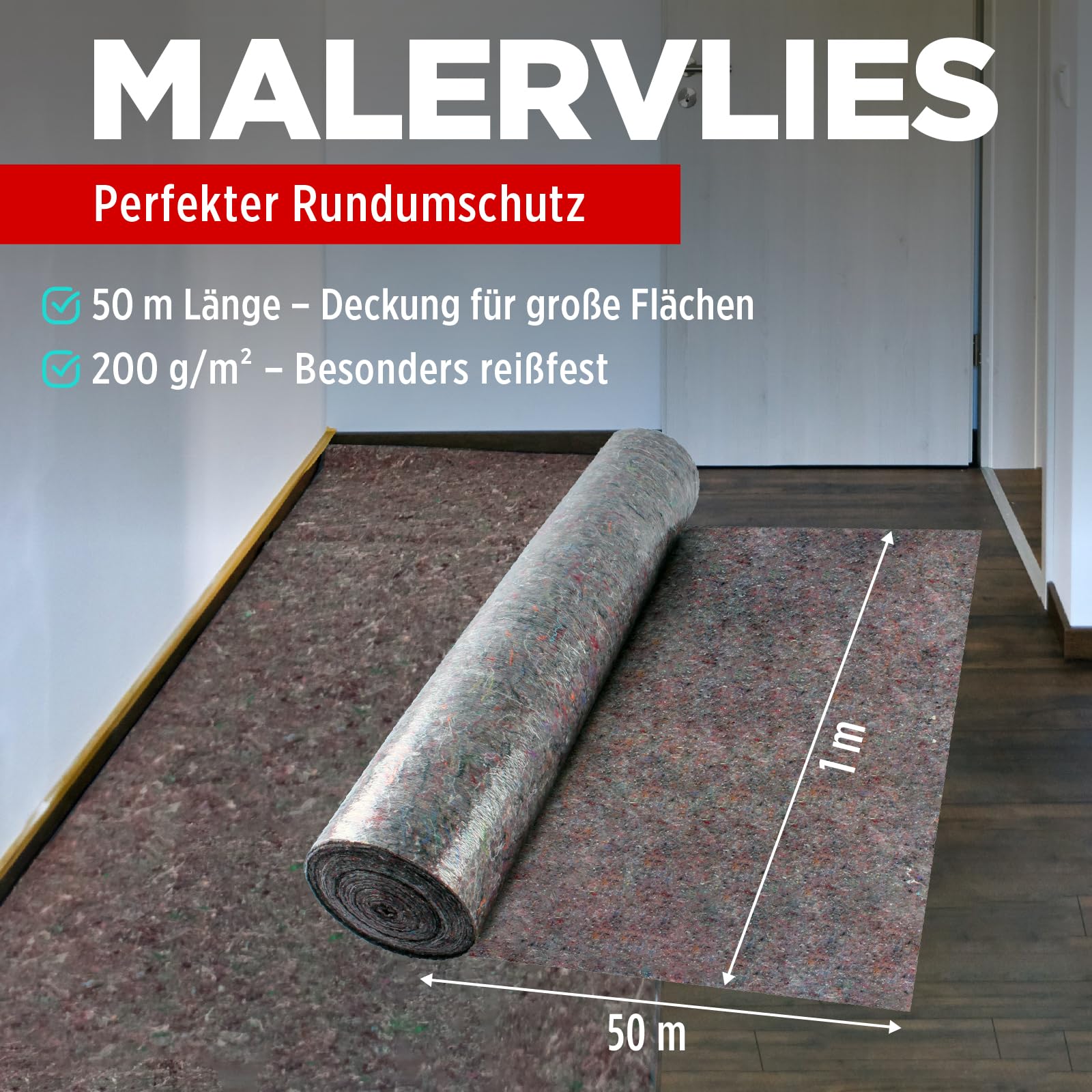 TECPO 2 rollos de vellón de pintor, 50 m, 200 g/m², revestimiento antideslizante, antifiltración, antideslizante, resistente al polvo, adecuado para renovación, cubierta, líquidos