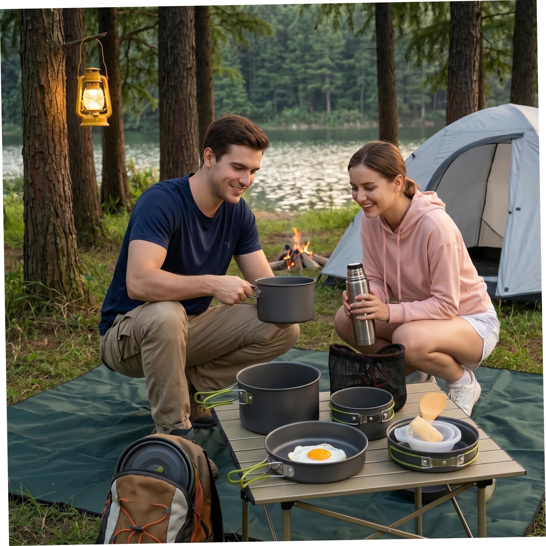 Set di pentole da campeggio da campeggio, set da cucina portatile per 2-3 persone, pentole e padelle in alluminio leggero con manici pieghevoli per escursionismo, picnic, pesca all'aperto