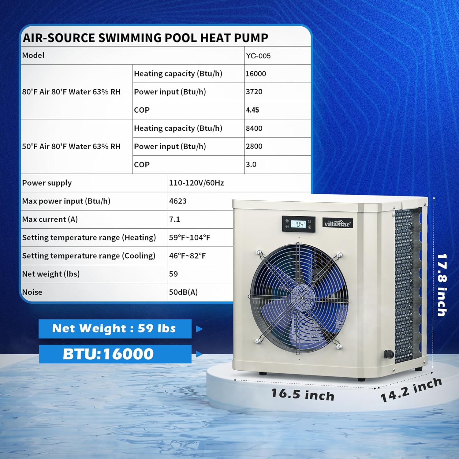 Villastar Pool Heat Pump Specifications Table