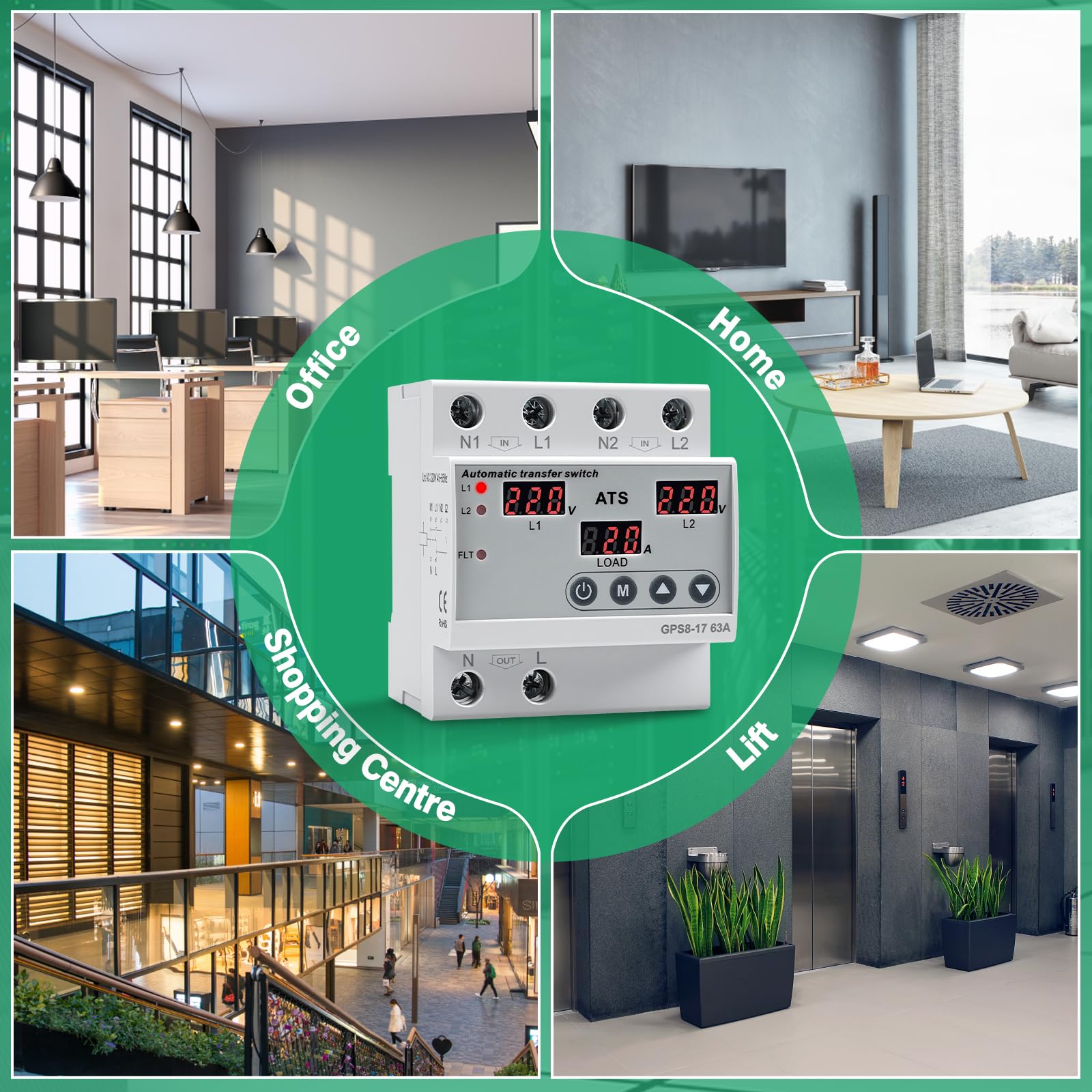 Notstrom Umschalter 63A Einphasig AC220V DIN Rail LED-Display Überspannung Unterspannungsschutz GPS8-17