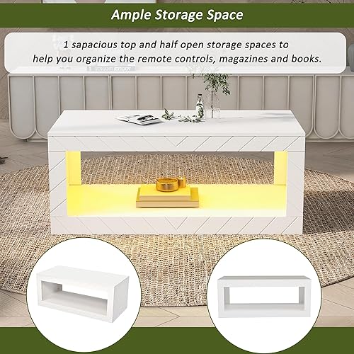 Miniatura 9 de Mesa de centro LED con almacenamiento abierto, moderna mesa de centro de alto brillo con 16 luces LED de colores, mesa central rectangular, mesa