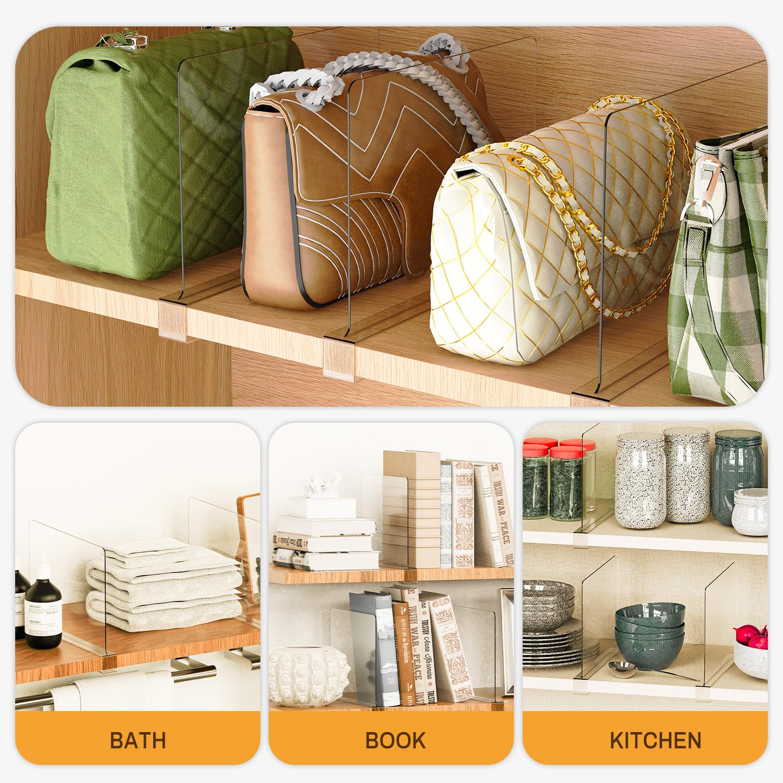 Lot de 12 séparateurs d'étagère, organiseurs de placard en acrylique transparent et étagères de rangement pour sac à main, vêtements, pulls, cuisine, chambre à coucher, armoire en bois,
