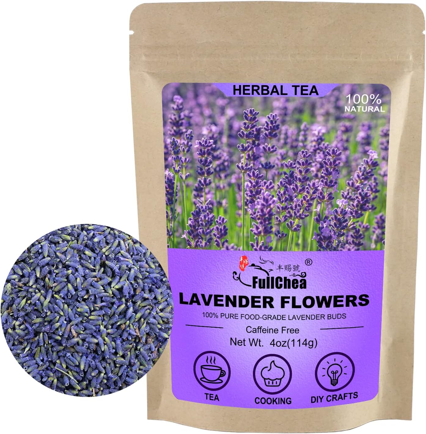 FullChea - Natural Dried Lavender Flowers - 4oz/114g - Premium Food Grade Lavender Buds - Non-GMO - Caffeine-free - Perfect for Tea, Lemonade, Baking, Baths