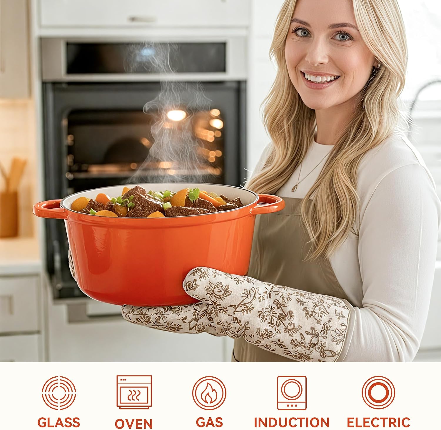 6.5 Quart Dutch Oven Pot with Lid, Non Stick Enameled Cast Iron Dutch Oven for Bread Baking, Heavy-Duty, Oven Safe Ceramic Cookware Up to 500°F for Baking, Braising, Stews, Roasting, Orange image 5