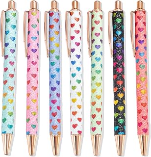 NUDFSY 7 Pack 1.0 mm Click Retractable Ballpoint Pens Black Ink Medium Point Gift Pens Glitter Retractable Pen Comfortable Writing Pens Pretty Journaling Pens for Student(Love Heart)
