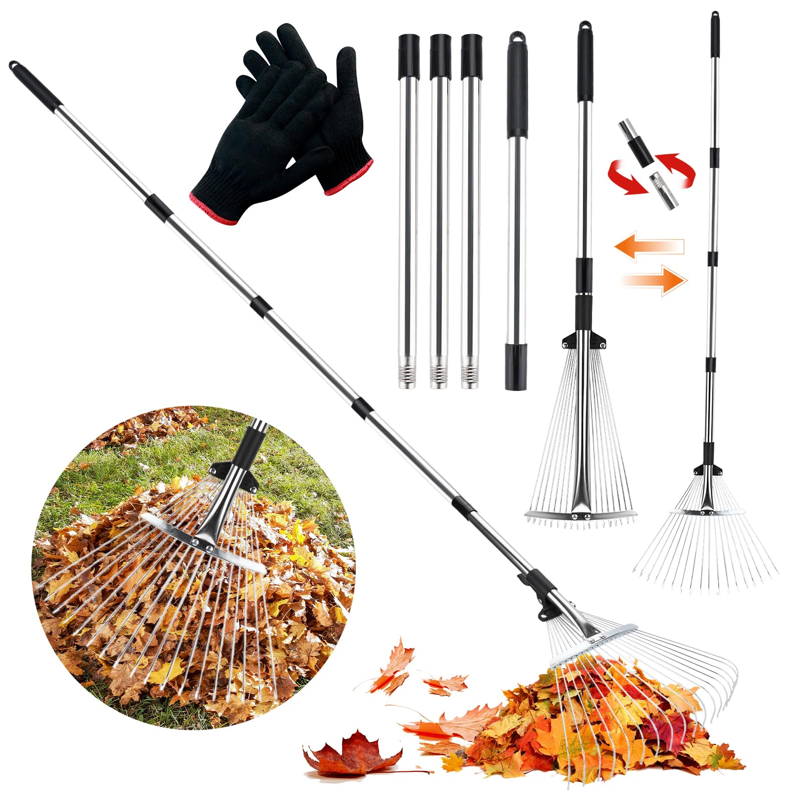 JOYBOY Rastrello da Giardino con 18 Denti in Metallo, Rastrello per Foglie 213cm con Testa Espandibile 20-40cm, Scopa da Giardino per Foglie Rastrello con Manico, per Cortile, Prato, Arbusti e Aiuole