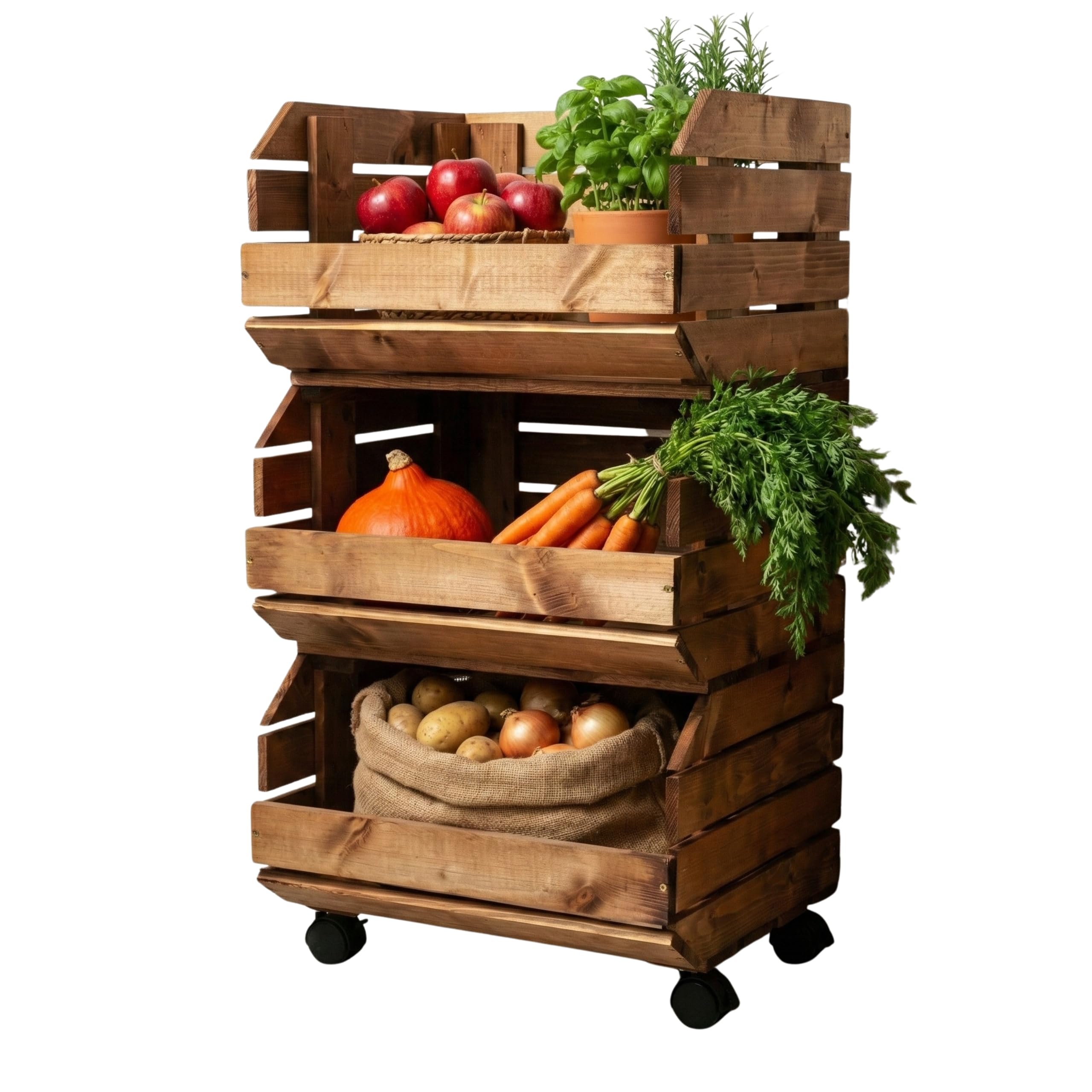 Scaffale Frutta e Verdura Portafrutta Con Ruote Carello 3 Livelli 37 x 30 x 73 cm Marrone