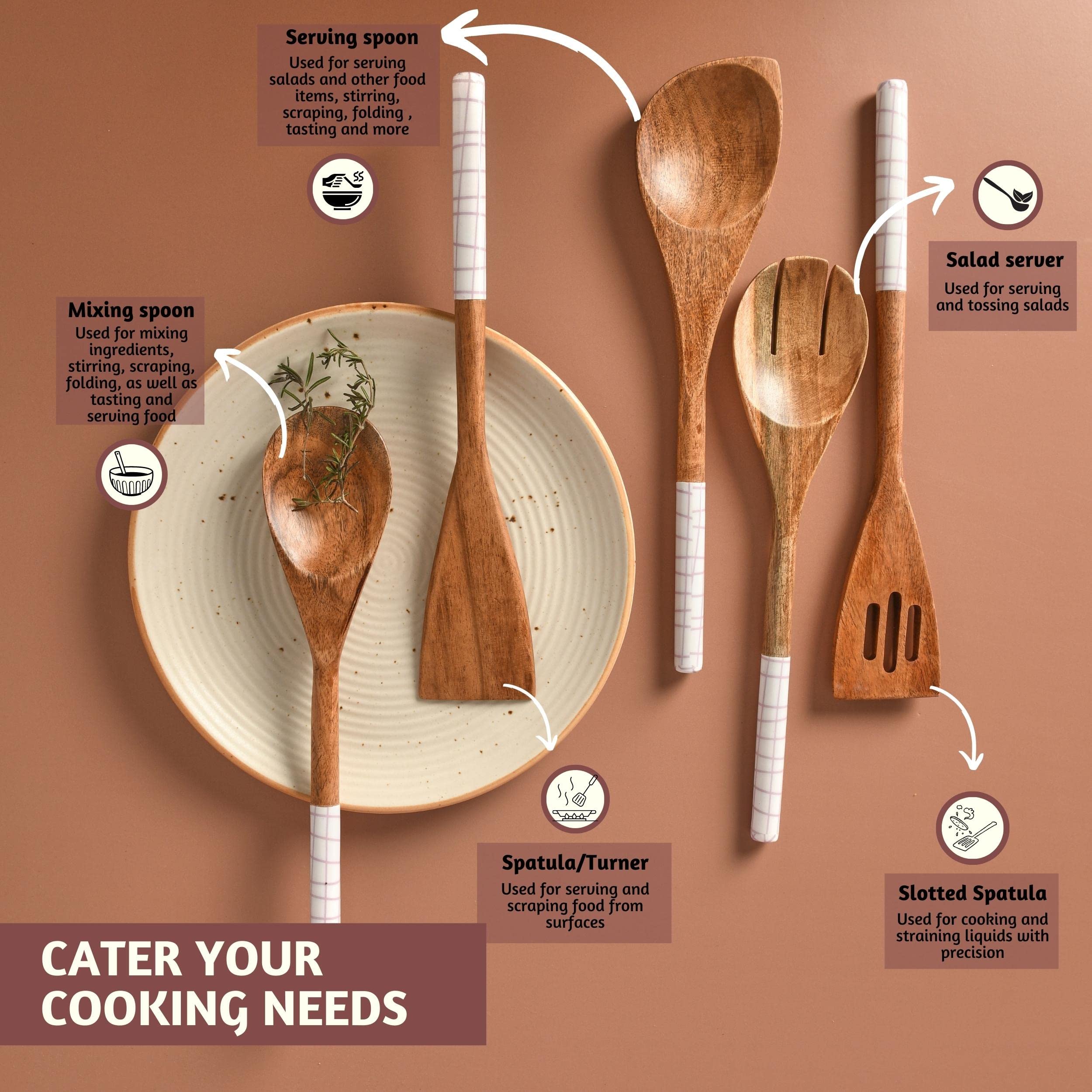 Folkulture Cucharas de madera para cocinar, juego de 5 utensilios de madera antiadherentes y resistentes al agua, libres de BPA
