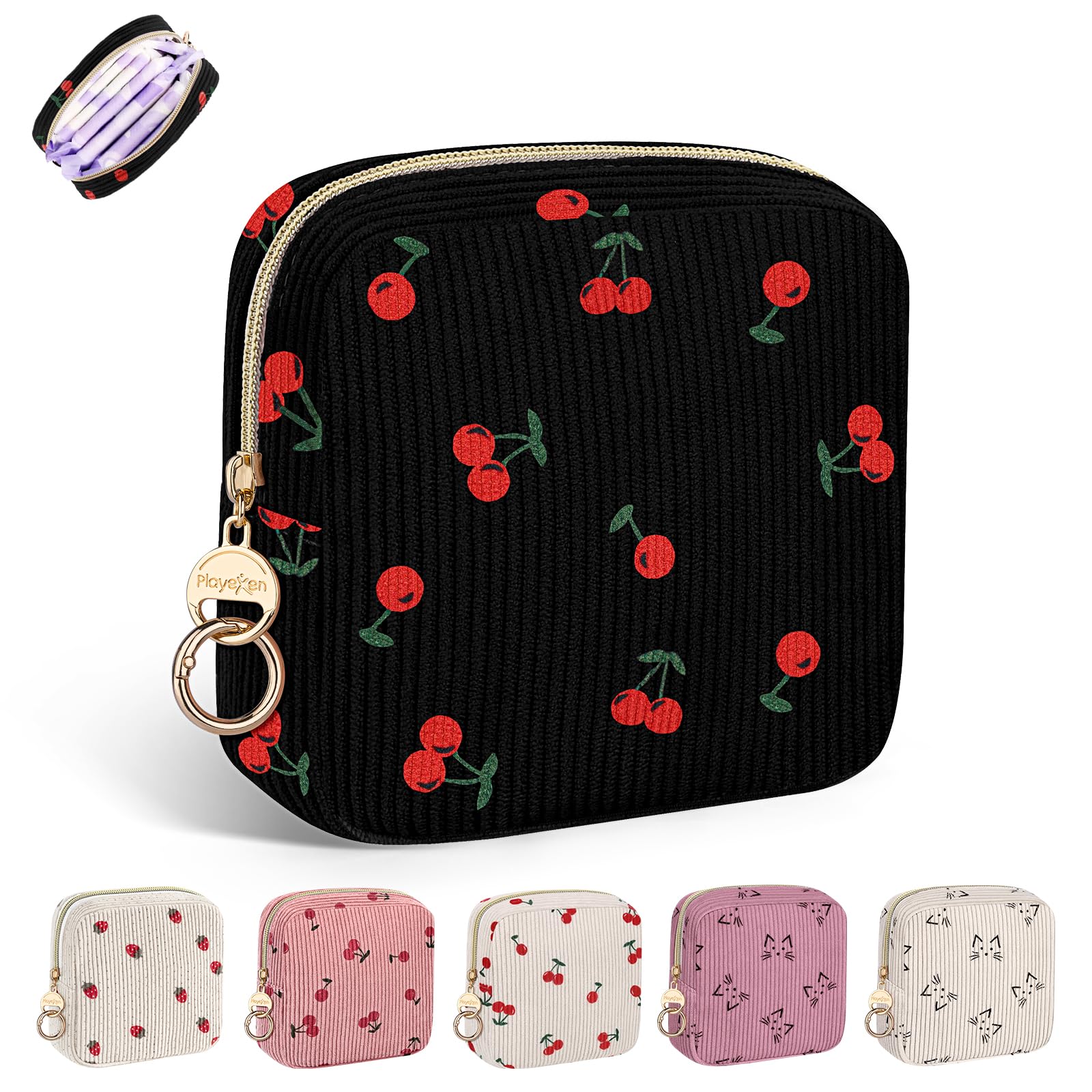 Period Bag for Girls, Corduroy Sanitary Napkin Pouch, C-Black