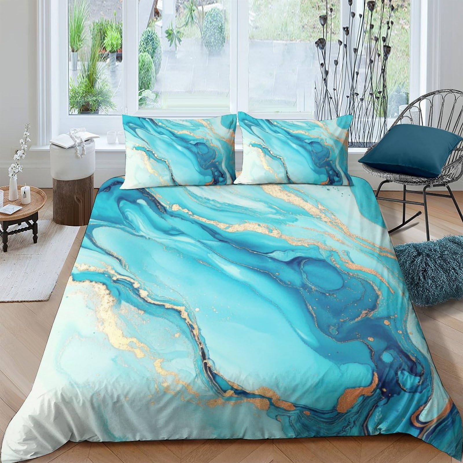 Ctjqhvkz Style-6 3D Printed Ocean Marble Fitted Sheet Microfiber Soft Blue Gold Abstract Mattress Cover For Bedroom Home Decor Single（135X200cm）