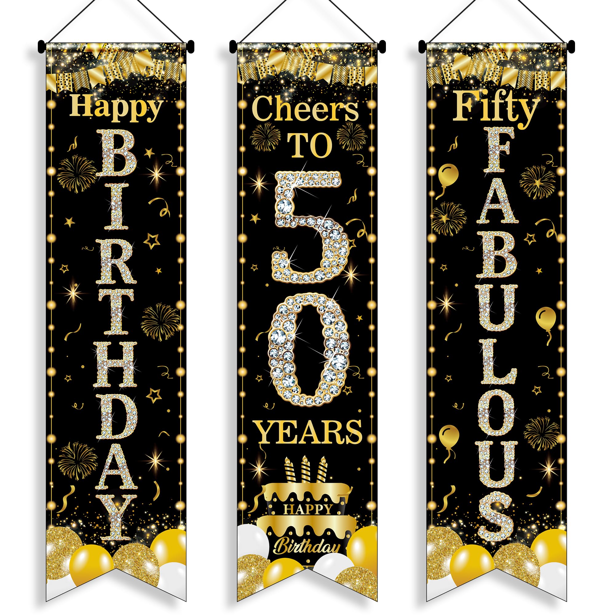 50th Birthday Decorations Door Banner - 3 Pcs Black and Gold Fifty Fabulous Happy 50th Birthday Cheers to 50 Years 3.9x0.9ft Door Porch Sign for 50 Years Old Men Women Party Backdrop Decor Supplies