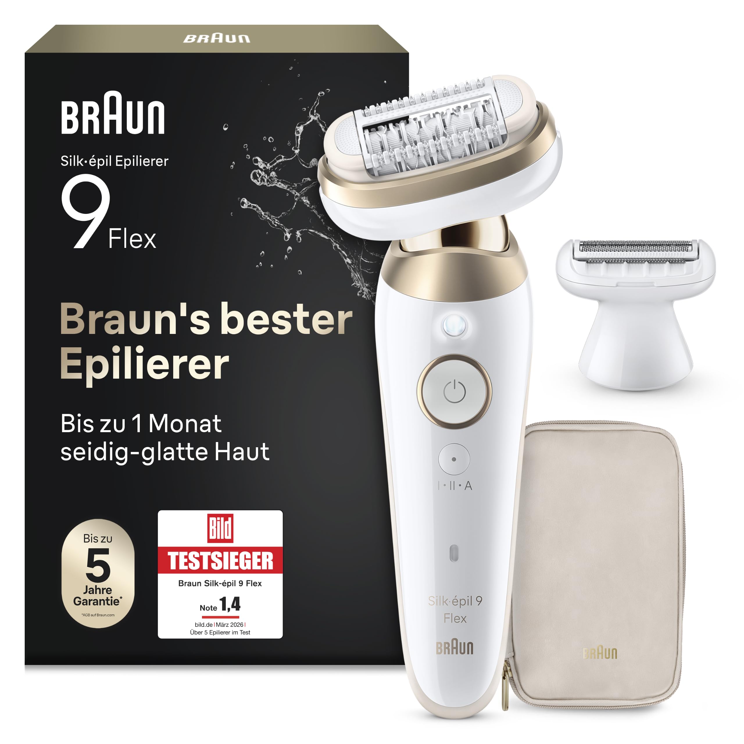 Braun Silk-épil 9 Flex Epilierer Damen mit Flexiblem 360°-Kopf, Wet&Dry, Langanhaltend Glatte Haut, Ladyshaver, Rasieraufsatz und Trimmeraufsatz, Made in Germany, 9-041 3D, Weiß/Gold