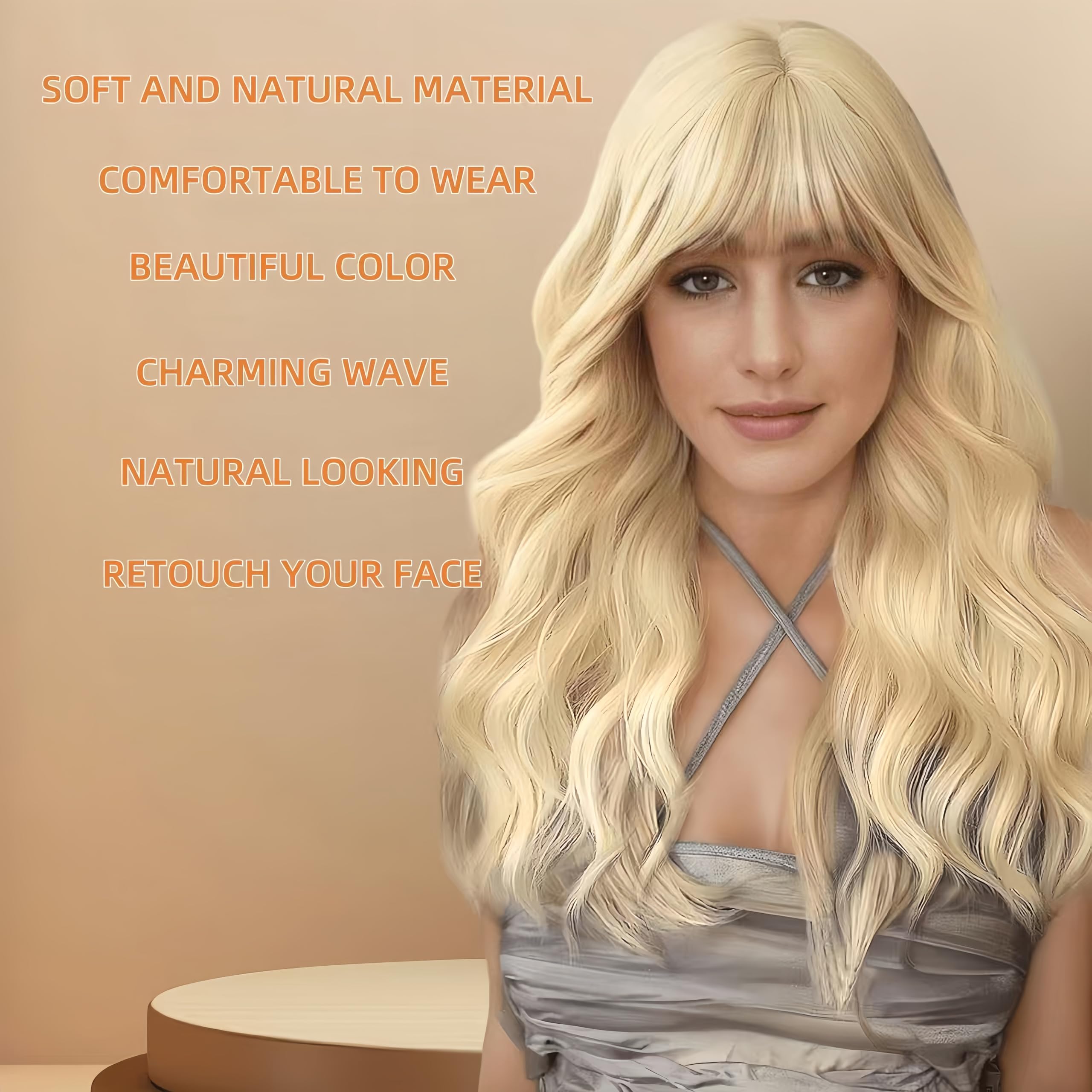 SDXCJY Wave Wig Long Curly Wigs for Women Girls,27’’ Long Wave Blonde Wigs with Bangs,Charming Full Hair Replacement Synthetic Hair Wigs,Ladies Fancy Dress Wig for Cosplay Party and Daily Use (Blonde) - Image 3
