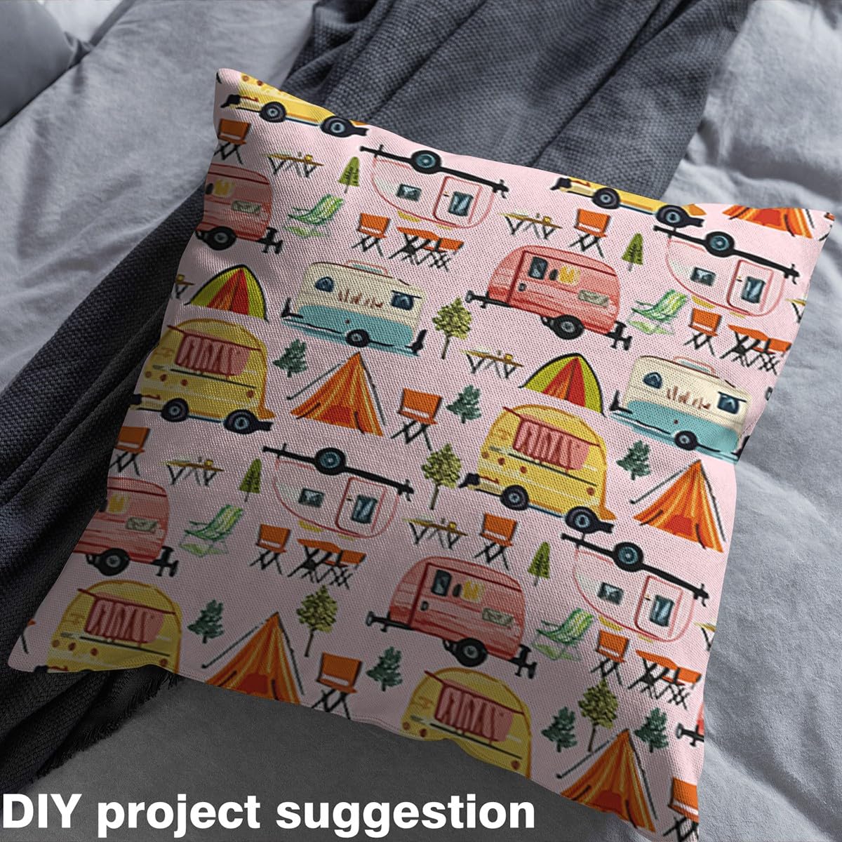Homemissing Happy Camping - Tessuto per camper, 276 x 150 cm, per patchwork, trapuntatura fatta a mano, per tappezzeria, camper, campeggio, tappezzeria, auto con cartoni animati