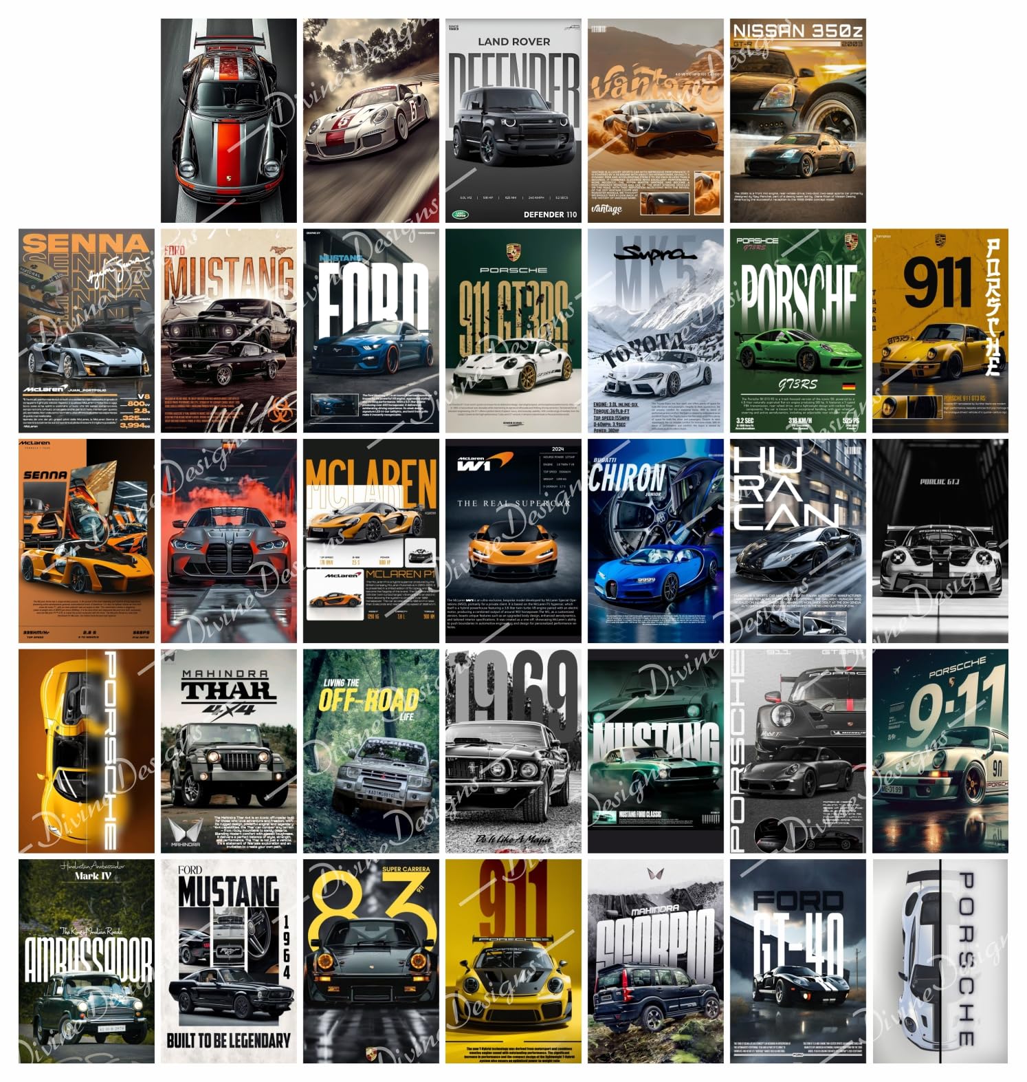 DivineDesigns Pack of 33 Luxury Car Wall Collage Kit Posters | Posters for Wall Decoration | Wall Art For Bedroom, Office, Living room, (6 inch X 4 inch) Set of 33 Luxury Car Prints