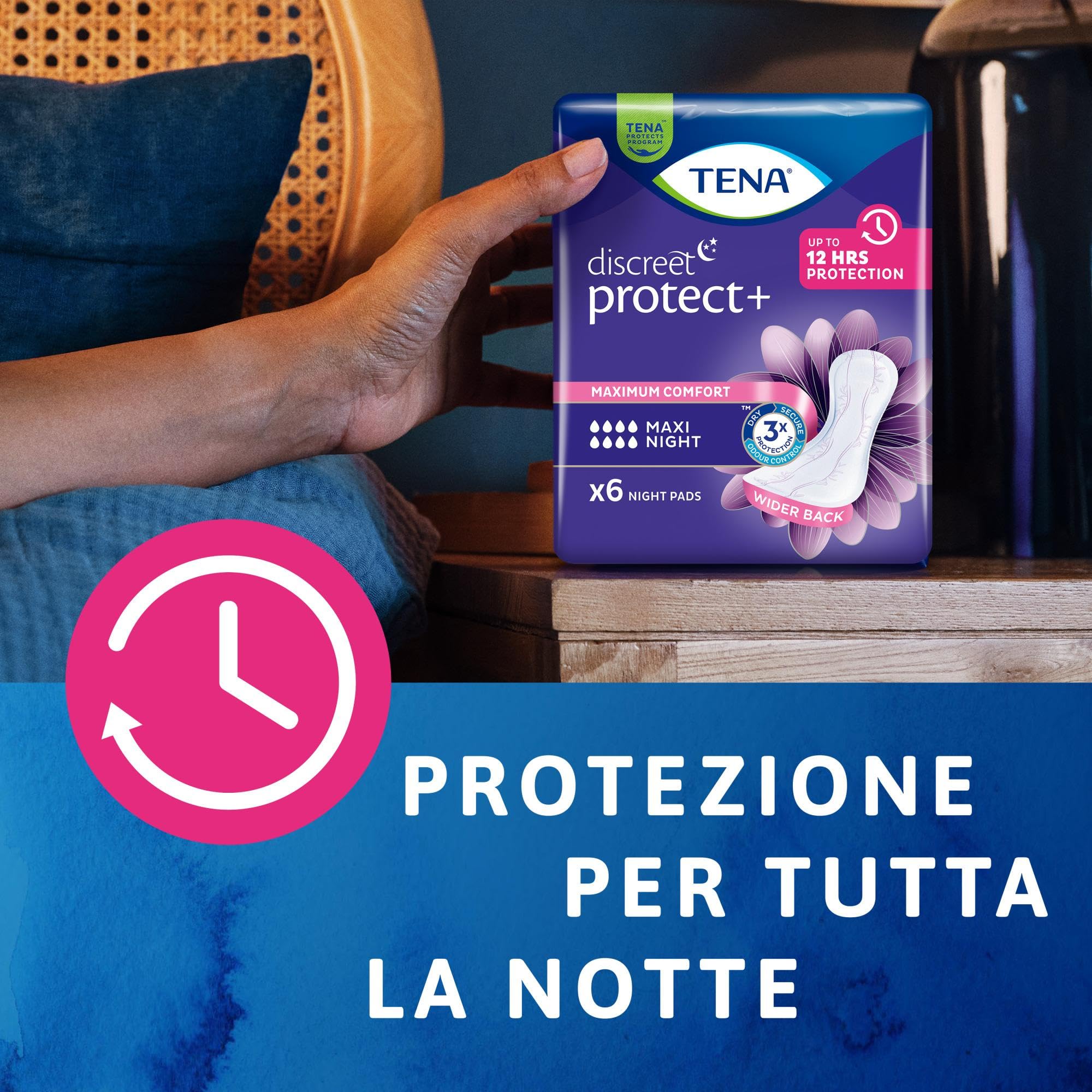 TENA Discreet Maxi Night Pacco Scorta Mensile - Assorbenti per perdite urinarie femminili, discreti e confortevoli, 8 confezioni x 6 pezzi