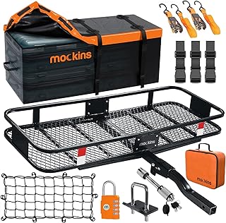 Mockins 60x20x6 Folding Cargo Carrier Hitch Mount | 500 lb Capacity Hitch Rack with 16 Cu Ft Waterproof Cargo Carrier Bag | Steel Trailer Hitch Cargo Carrier | Hitch Mount Cargo Carrier Cargo Trailer