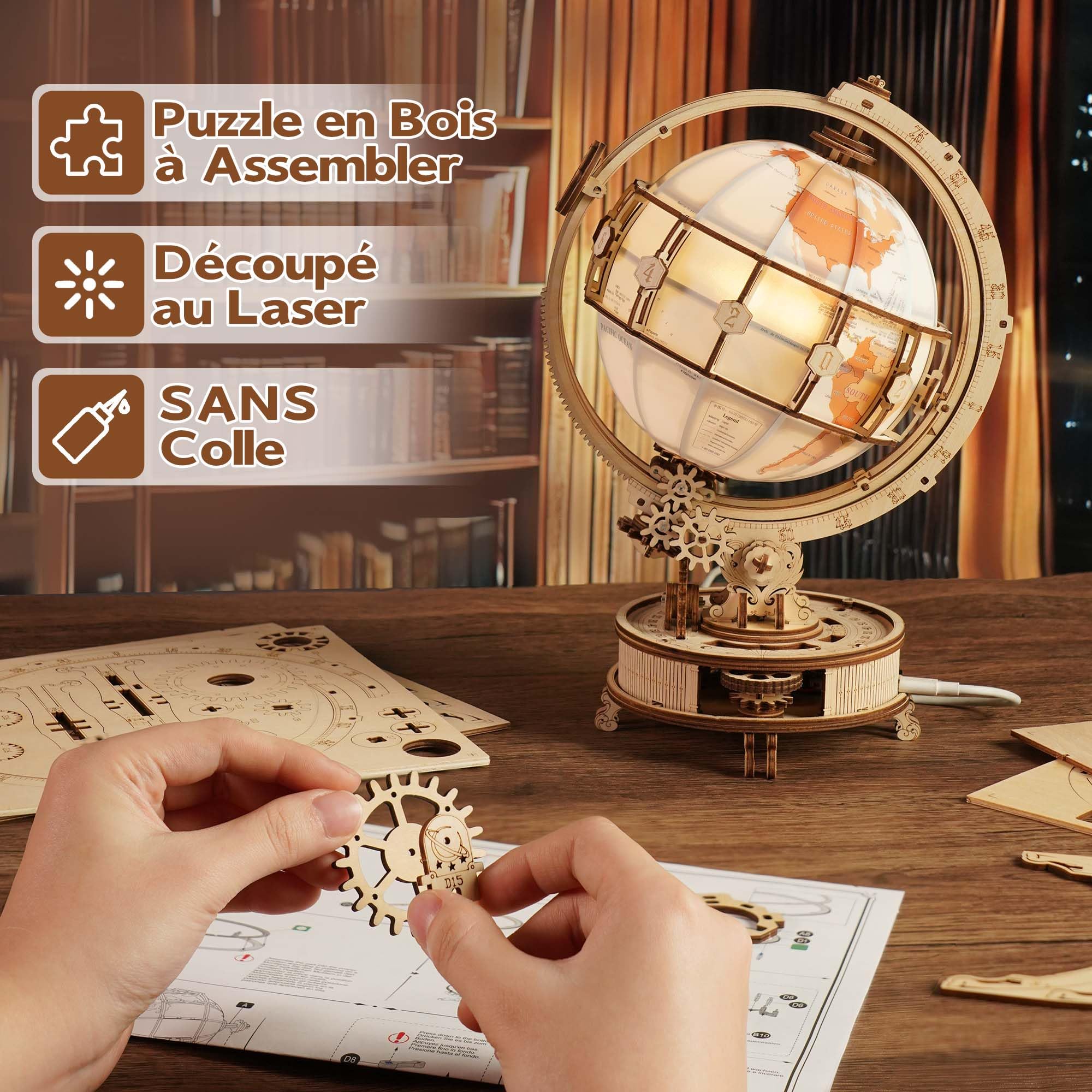 ROKR Puzzle 3D Bois Maquette Construction Adulte Nouveauté Électrique Luminous Globe,Idée Cadeau d'Anniversaire