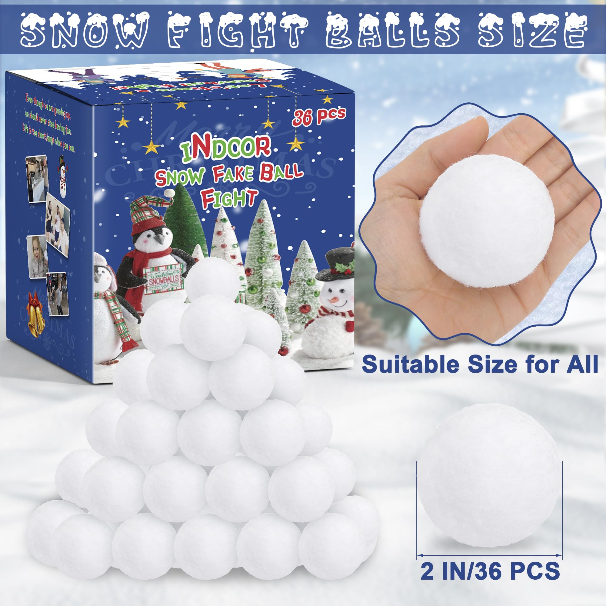 36 PCS Snow Balls for Kids Indoor, Plush Indoor Snow Ball Fight Set, Soft Fake Snow Balls Artificial Snow Balls Toys Bulk for Multiplayer Winter Throwing Game Xmas Present Christmas Decorations