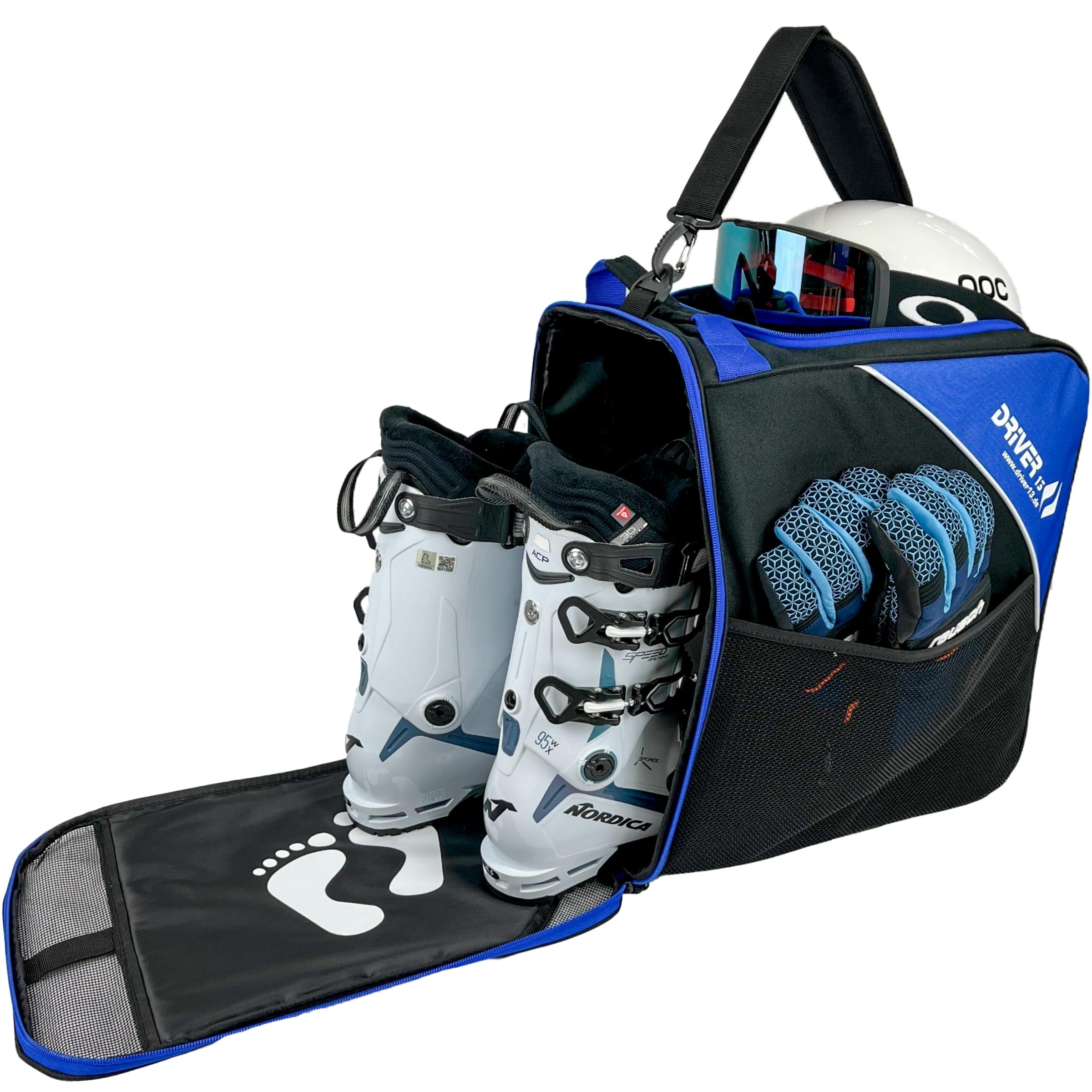 Driver13 Sac pour Chaussures/Chaussures de Ski avec Compartiment Casque (bootbag) pour Chaussures de Ski et Boots de Snowboard (Noir/Bleu)