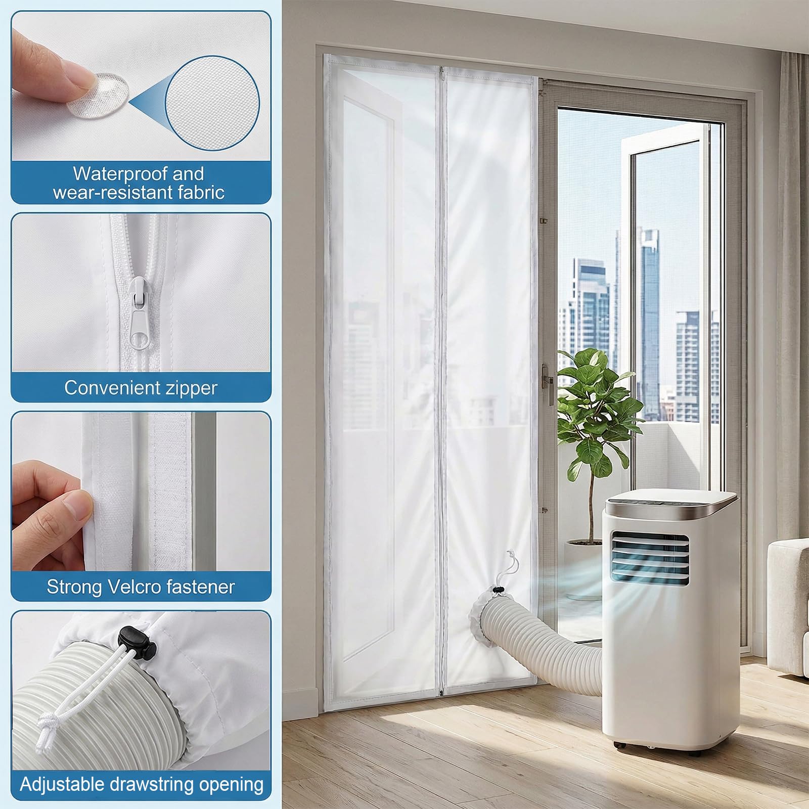 Türabdichtung für Mobile Klimageräte 100x210cm Klimaanlage Türabdichtung mit Zugband-Öffnung 7M Klettband Mobile Klimaanlage Fensterset Balkontürabdichtung Abluftschlauch Dichtung