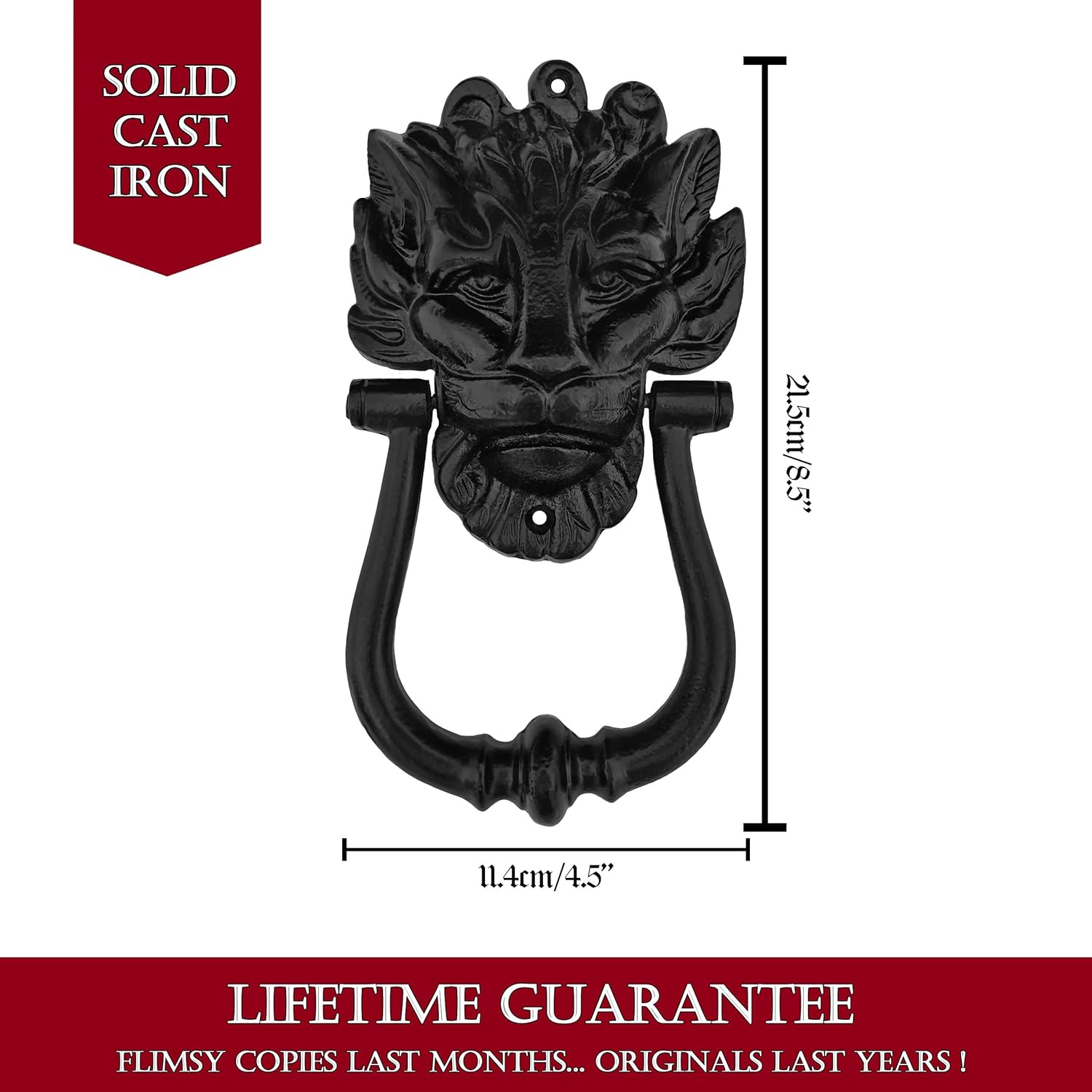 Mystic Colonial Medieval Cast Iron Lion Head Door Knocker 1 Pc - 8 in × 4.5 in (20.3 cm × 11.4 cm) Vintage Rustic Front Door Hardware | Decorative Medieval Entry Knocker with Mounting Screws