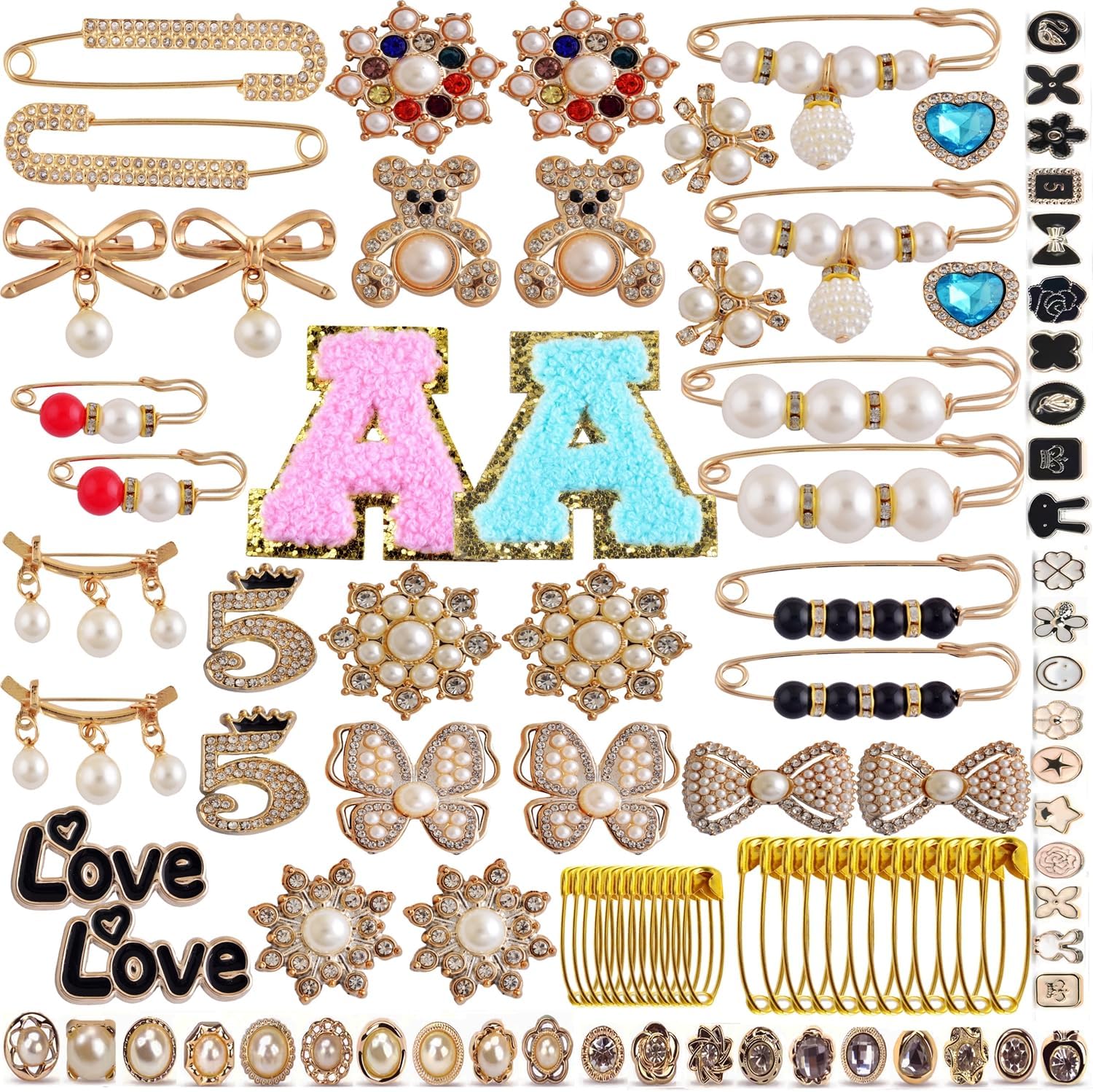 Shoe Charms for Sneakers Brooches and Pins for Women 100pcs Gold Junk Socks Charms Kit DIY Junk Socks Sneaker Charms for Shoes Safety Pin Hats Bling Jewelry Decoration Accessories Bulk